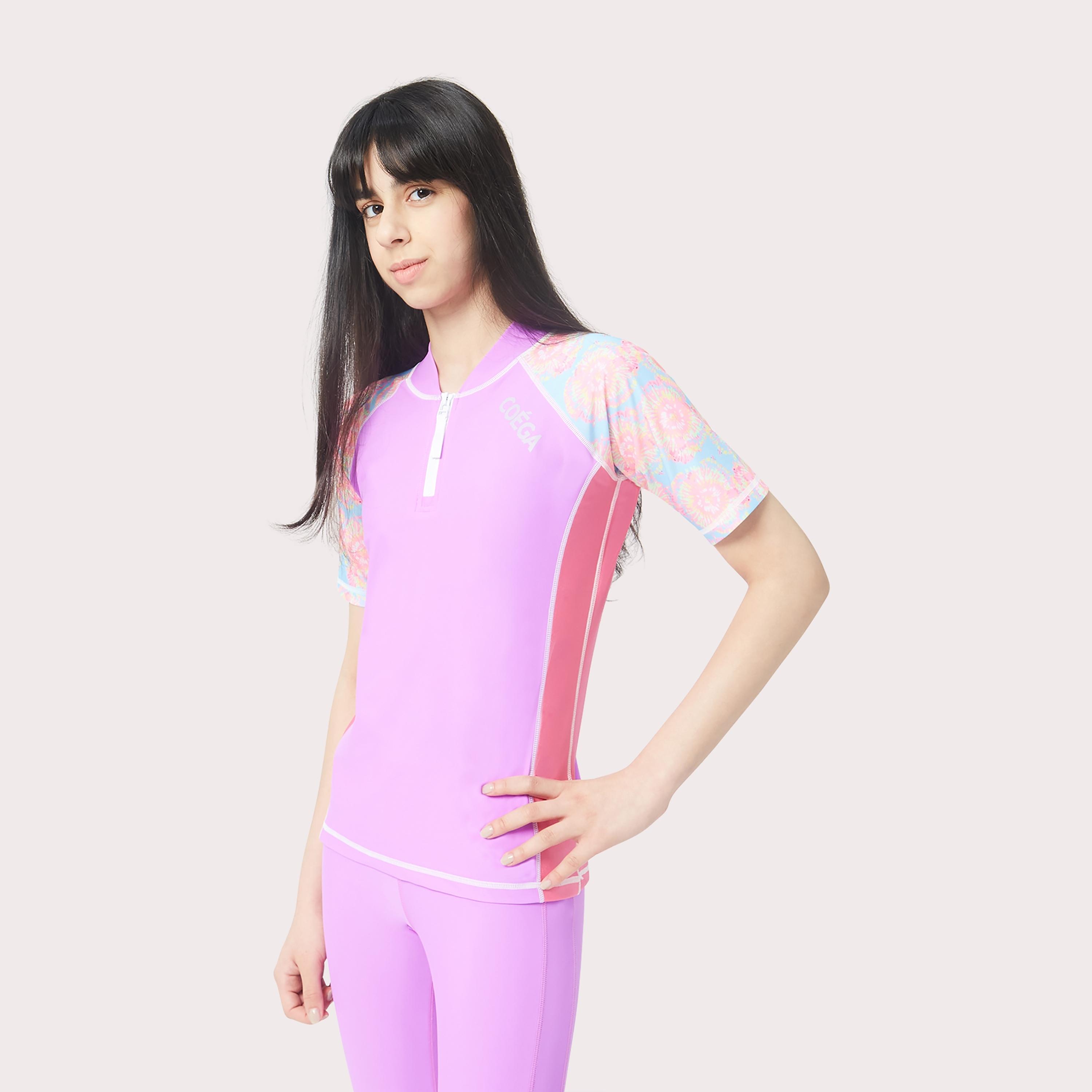 COEGA Sunwear Girls Youth Rashguard كم قصير، صبغة ربطة عنق زرقاء وردية-sports-gear-swimming-girl-image-2