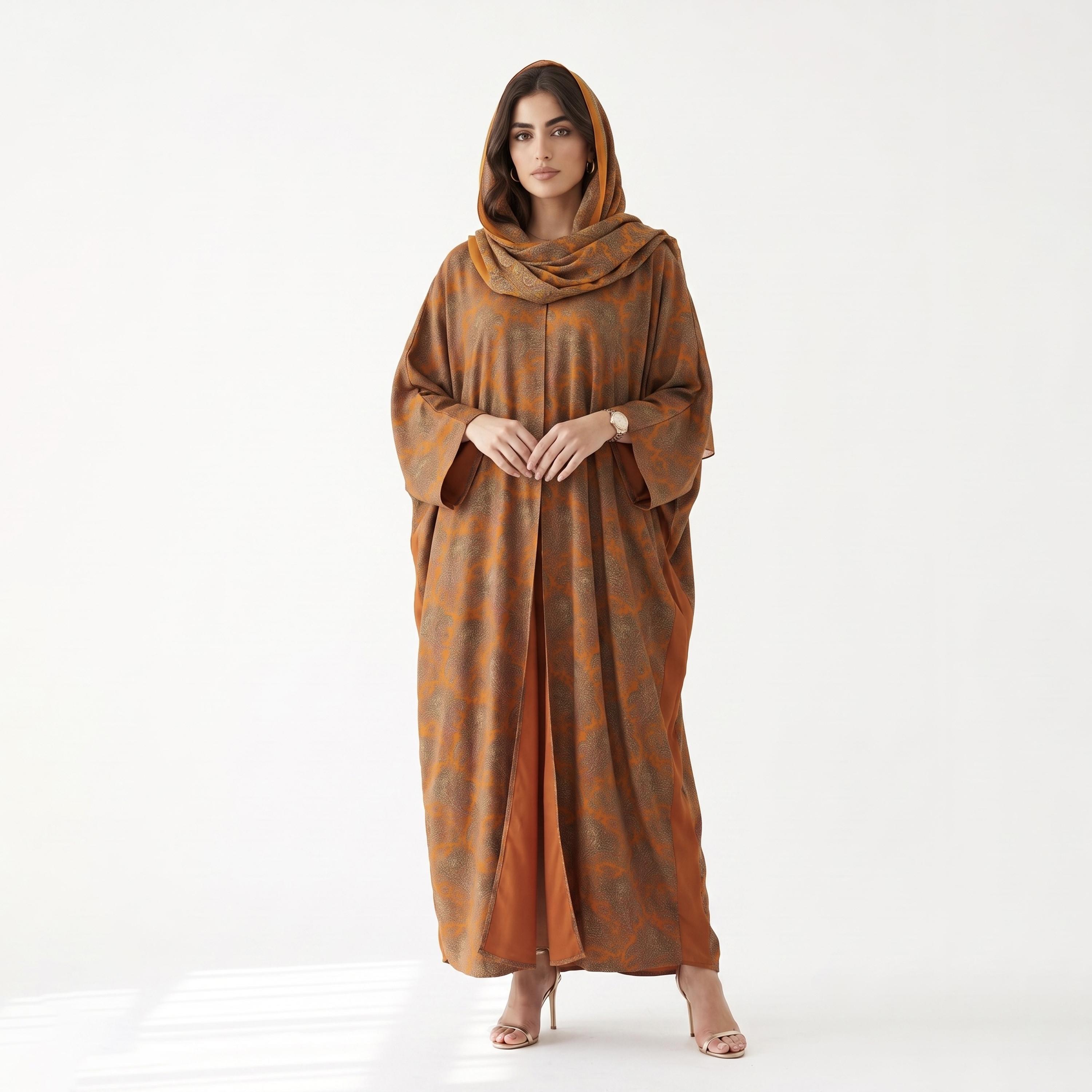 عباية بشت حريمي مفتوحة من الأمام بطبعة باللون البرتقالي مع حجاب من حديث المدينة-women-arabicclothing-abayas-image-1