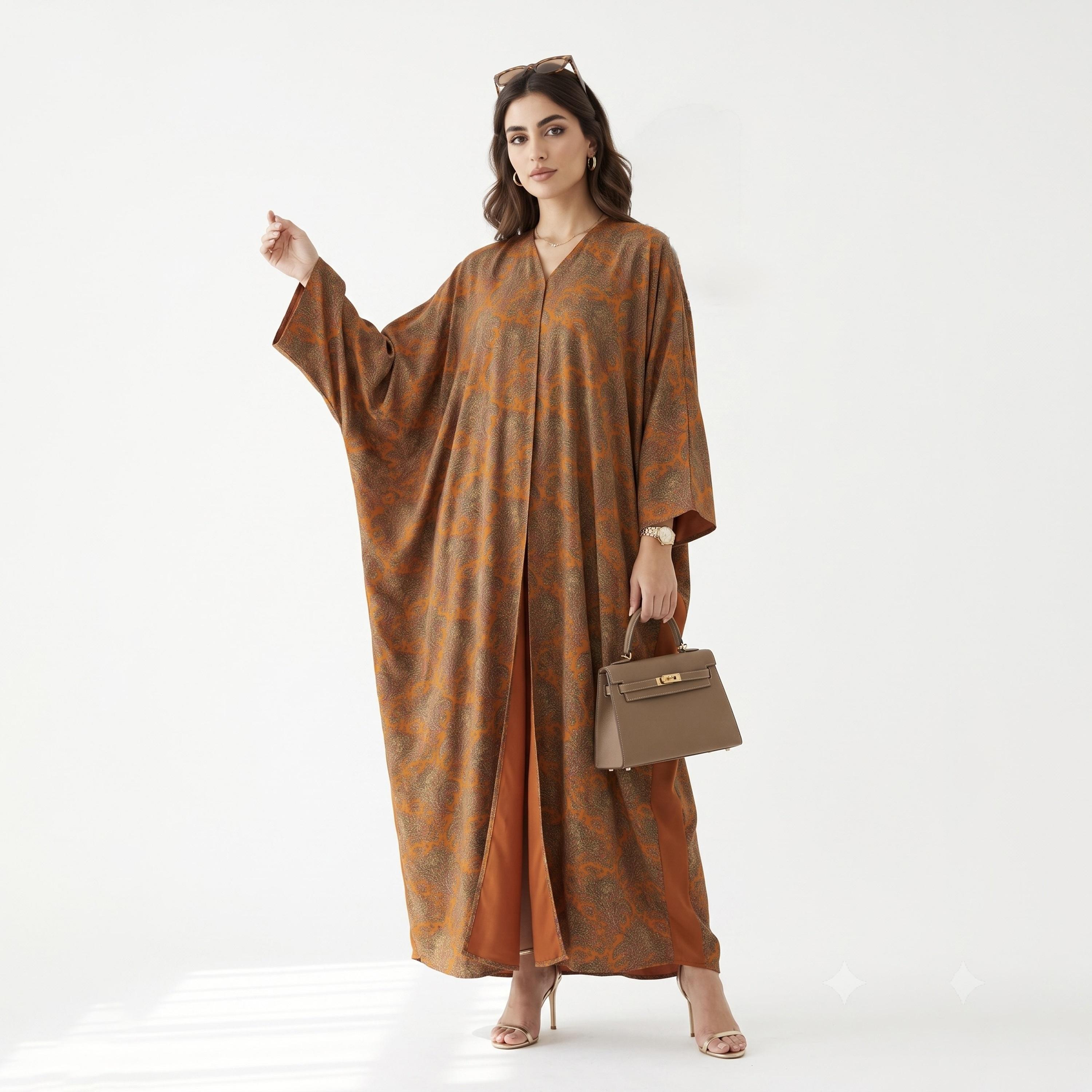 عباية بشت حريمي مفتوحة من الأمام بطبعة باللون البرتقالي مع حجاب من حديث المدينة-women-arabicclothing-abayas-image-2