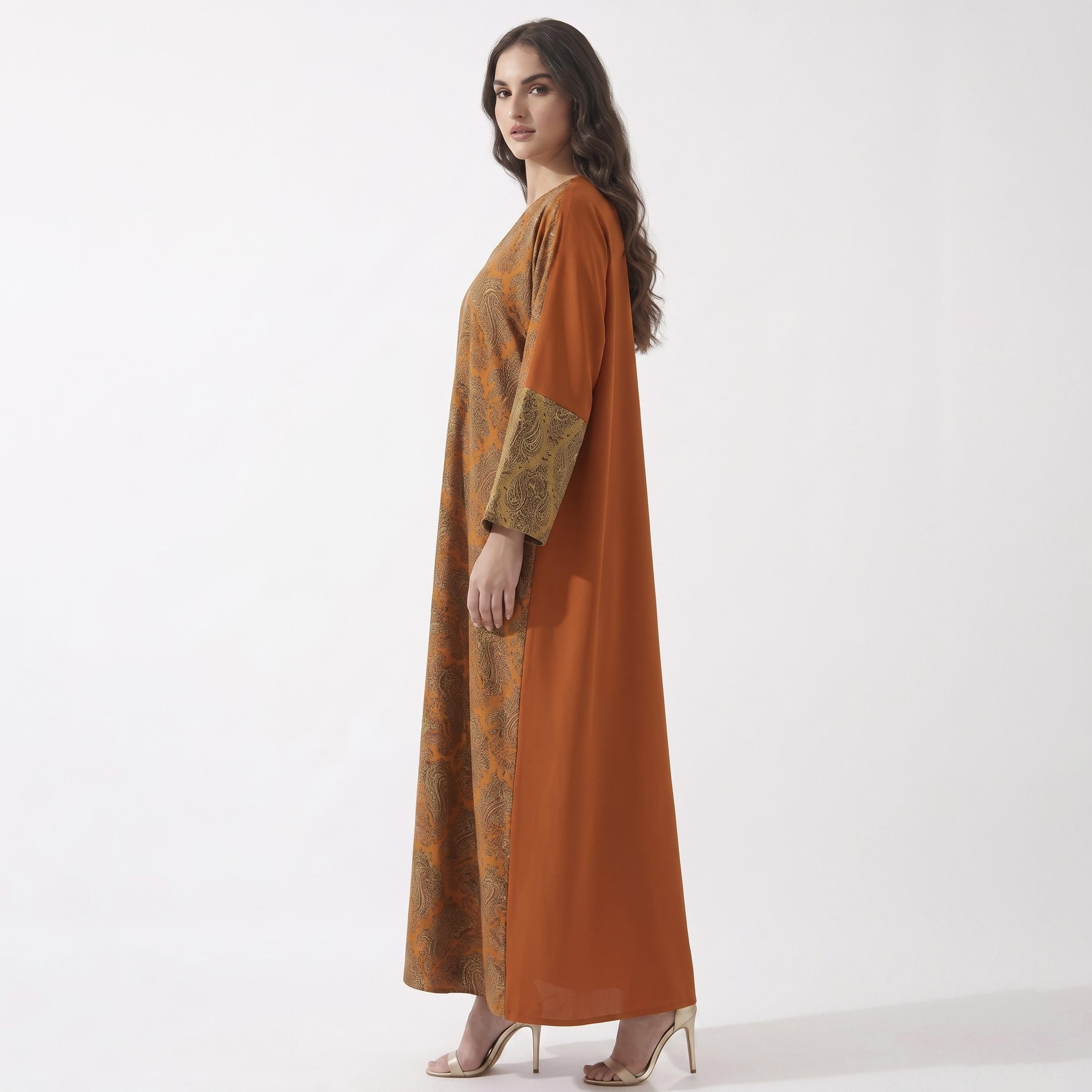 عباية بشت حريمي مفتوحة من الأمام بطبعة باللون البرتقالي مع حجاب من حديث المدينة-women-arabicclothing-abayas-image-3