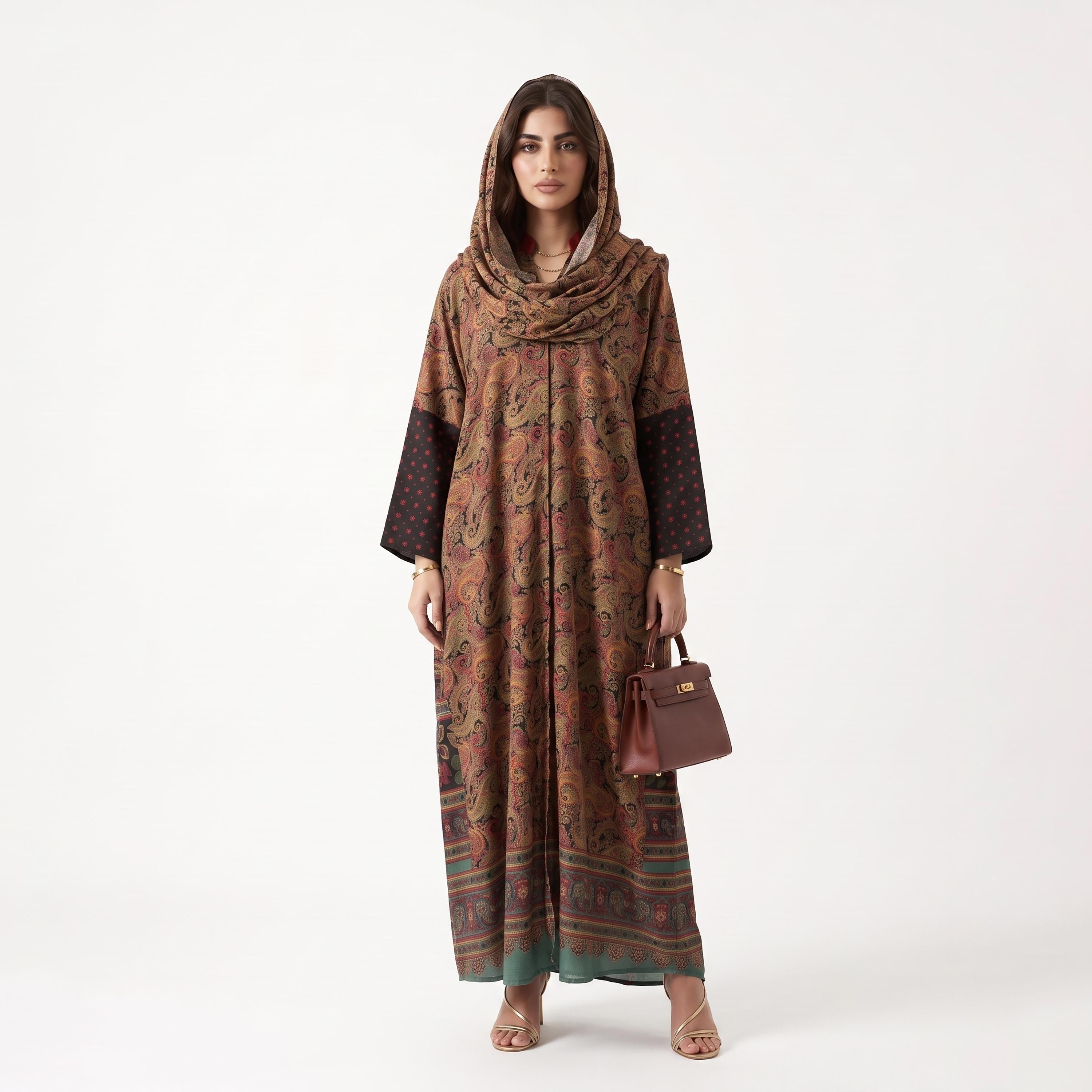 Hadiyath Al Madinah Multicolour Mandarin Collar Paisley Printed Women's Abaya with Hijab-women-arabicclothing-abayas-image-1