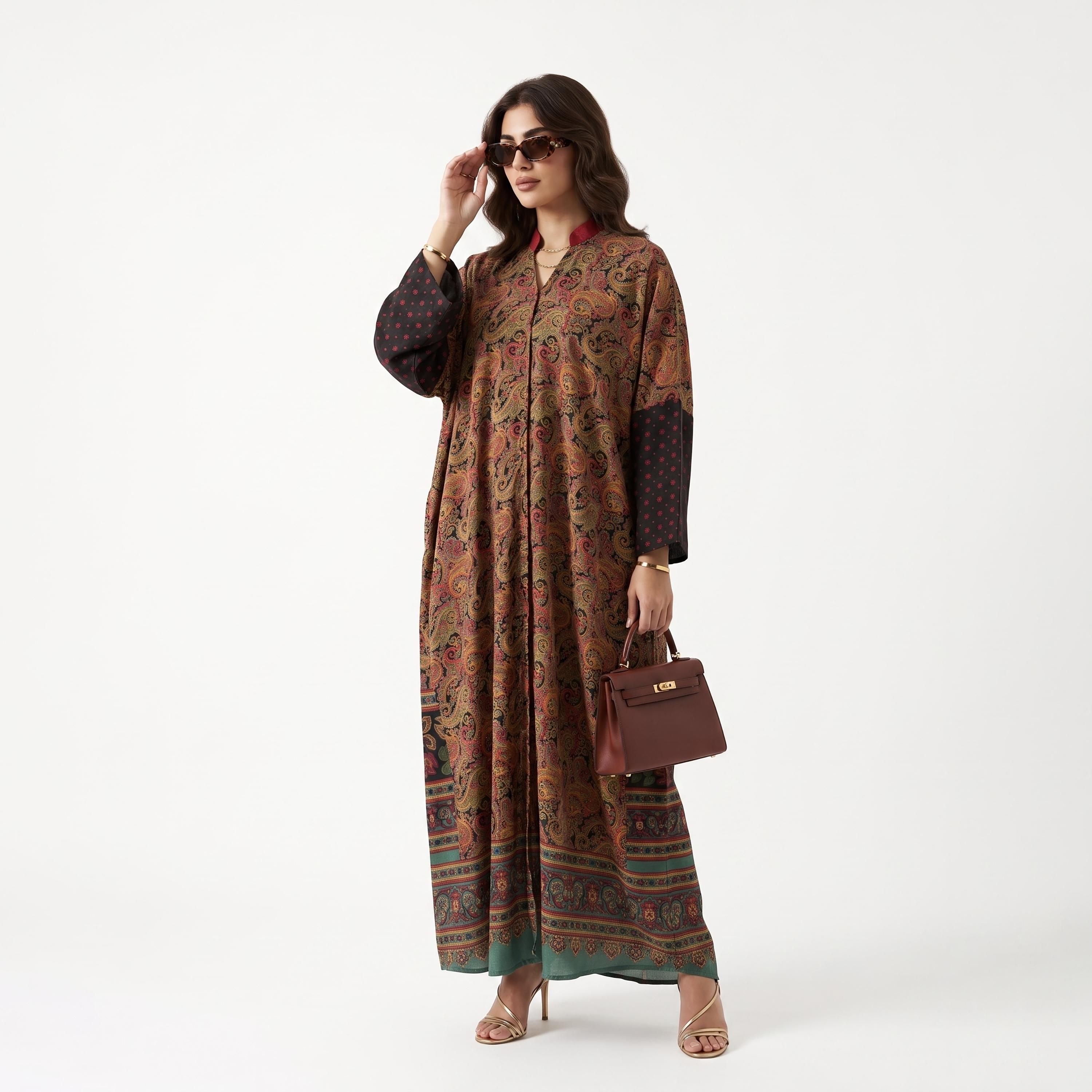 Hadiyath Al Madinah Multicolour Mandarin Collar Paisley Printed Women's Abaya with Hijab-women-arabicclothing-abayas-image-2