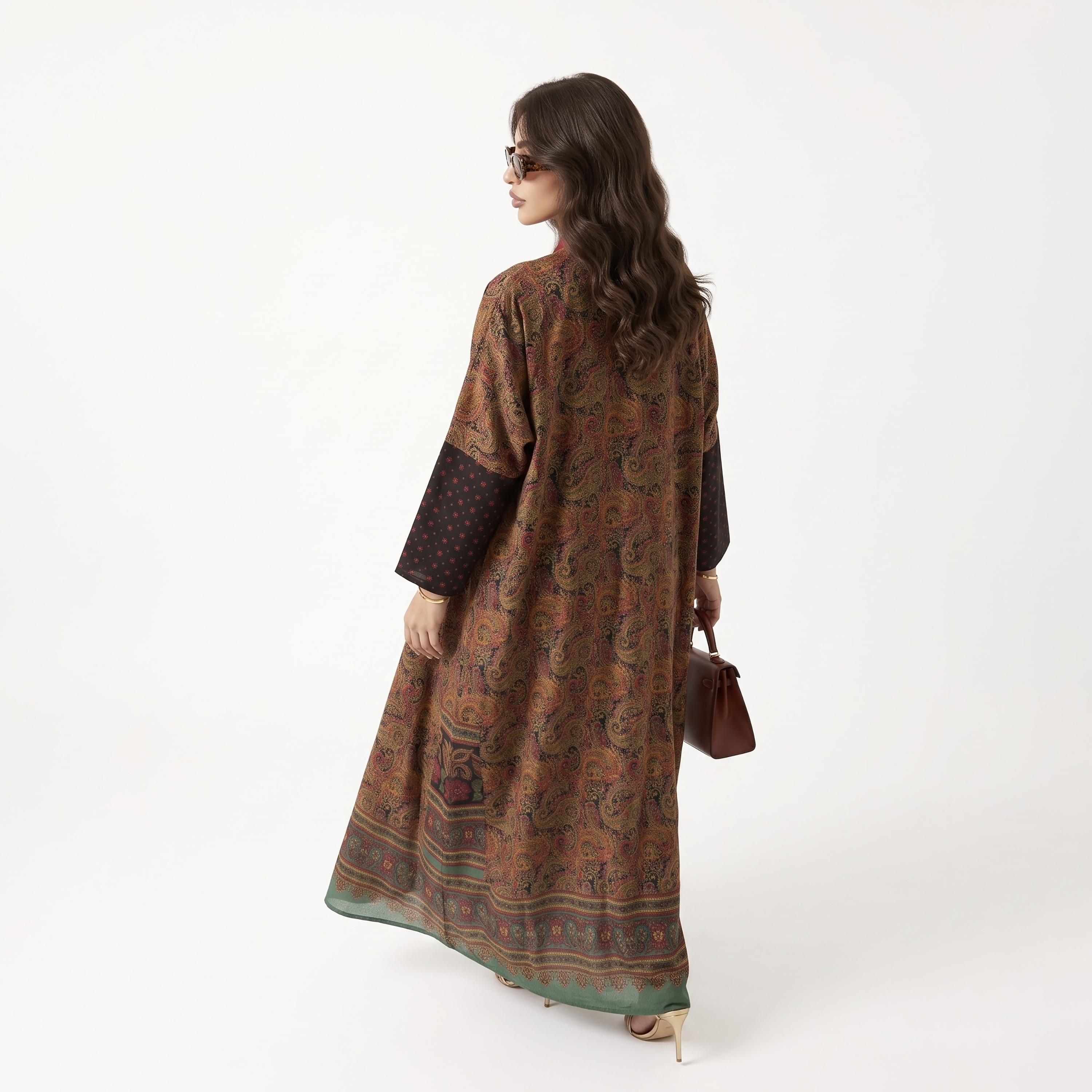 Hadiyath Al Madinah Multicolour Mandarin Collar Paisley Printed Women's Abaya with Hijab-women-arabicclothing-abayas-image-3