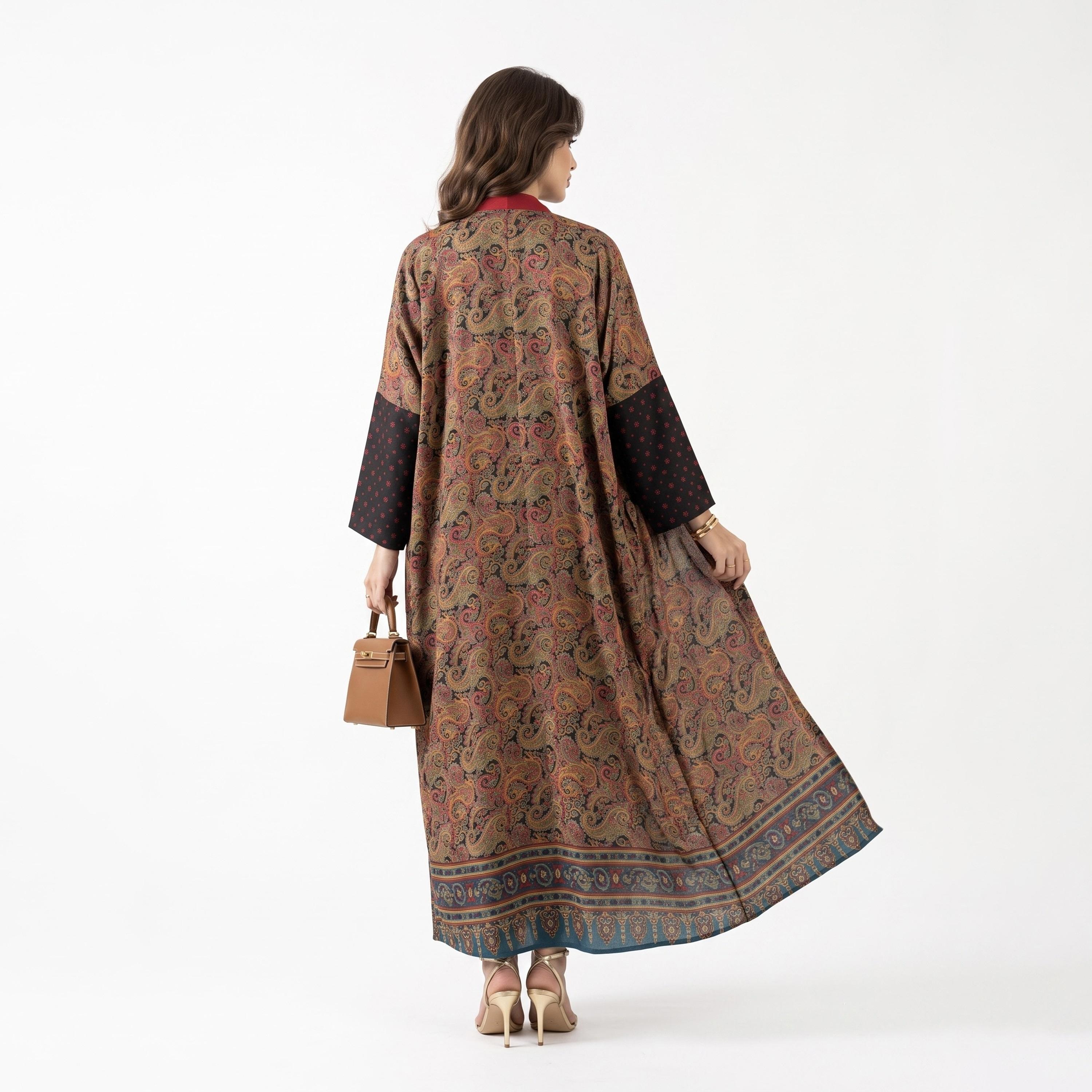 Hadiyath Al Madinah Multicolour Mandarin Collar Paisley Printed Women's Abaya with Hijab-women-arabicclothing-abayas-image-4