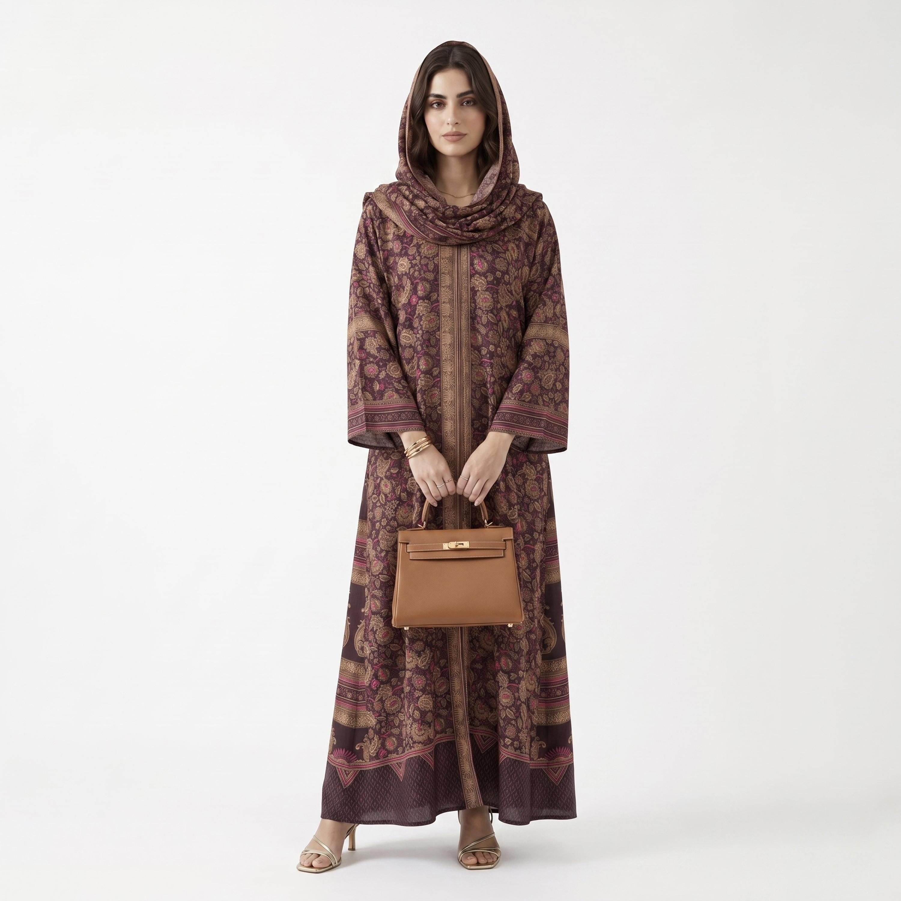 Hadiyath Al Madinah Purple Wide Sleeves All Over Floral Paisley Print Women's Abaya with Hijab-women-arabicclothing-abayas-image-1