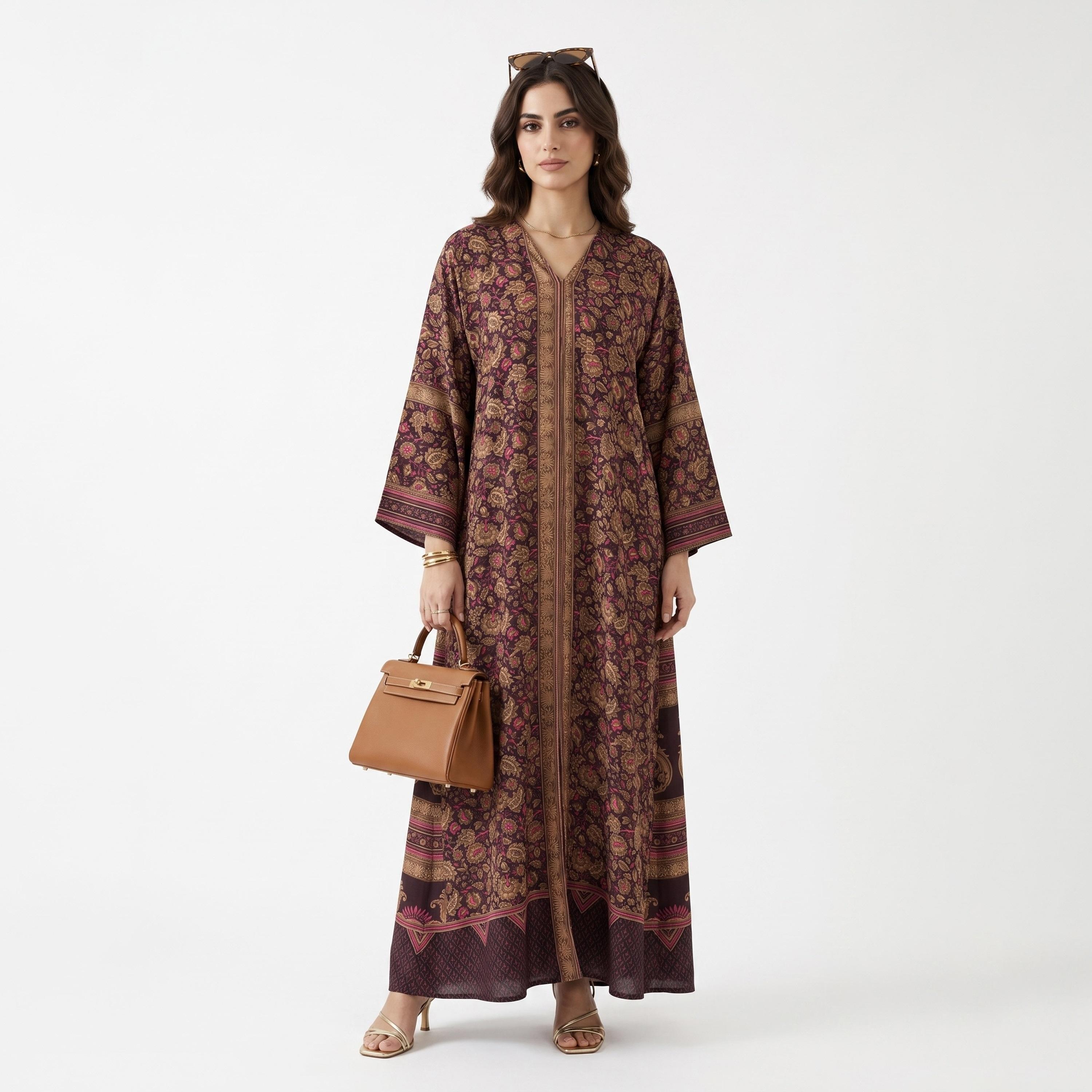 Hadiyath Al Madinah Purple Wide Sleeves All Over Floral Paisley Print Women's Abaya with Hijab-women-arabicclothing-abayas-image-2