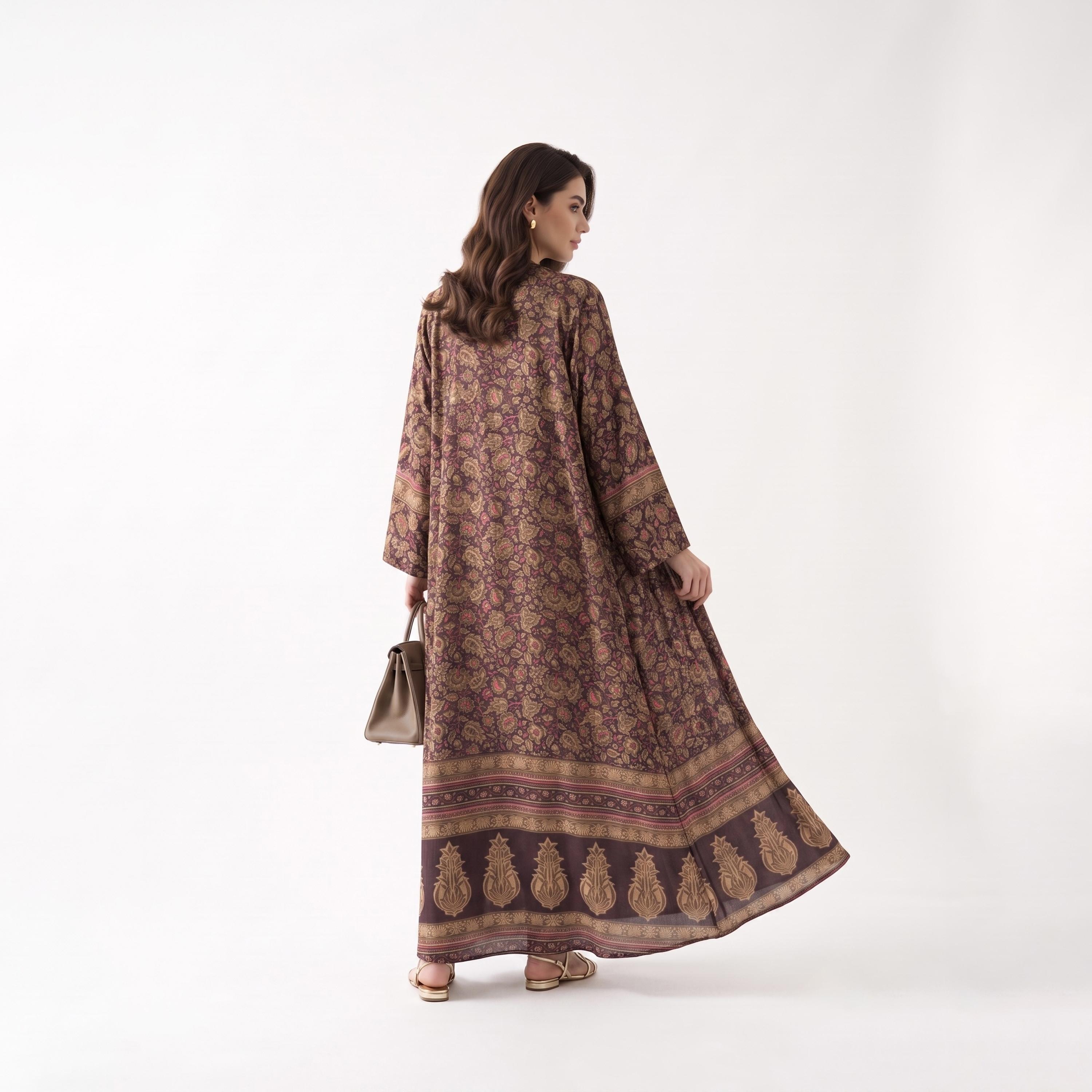 Hadiyath Al Madinah Purple Wide Sleeves All Over Floral Paisley Print Women's Abaya with Hijab-women-arabicclothing-abayas-image-3