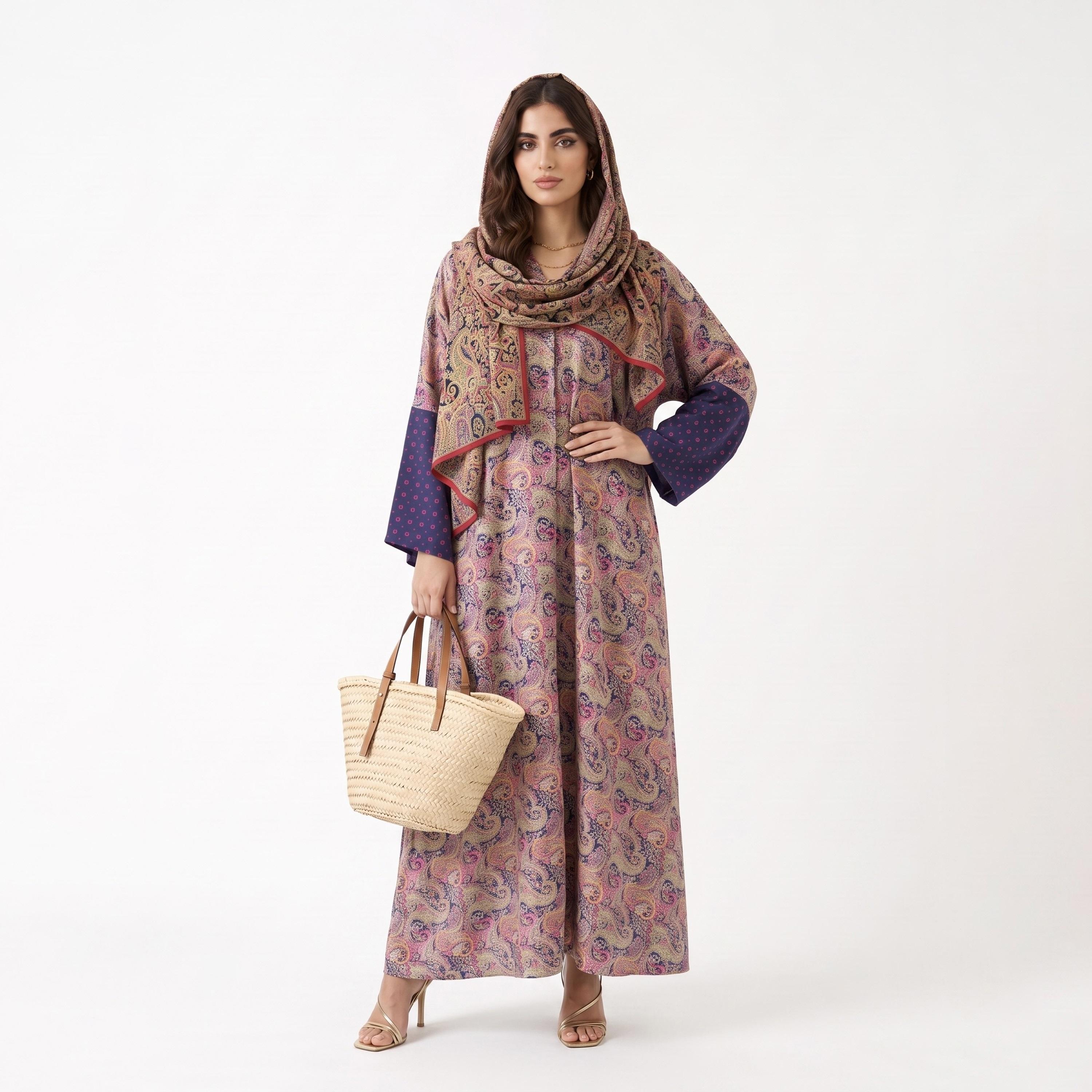 Hadiyath Al Madinah Multicolour Wide Sleeves Paisley Printed Women's Abaya with Hijab-women-arabicclothing-abayas-image-1