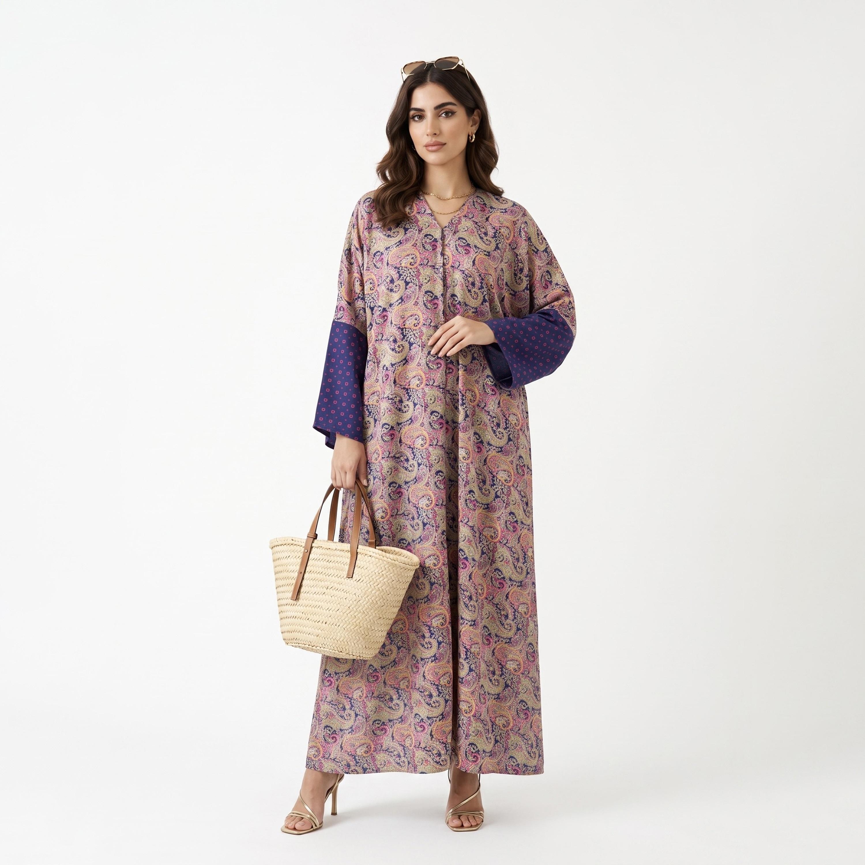 Hadiyath Al Madinah Multicolour Wide Sleeves Paisley Printed Women's Abaya with Hijab-women-arabicclothing-abayas-image-2