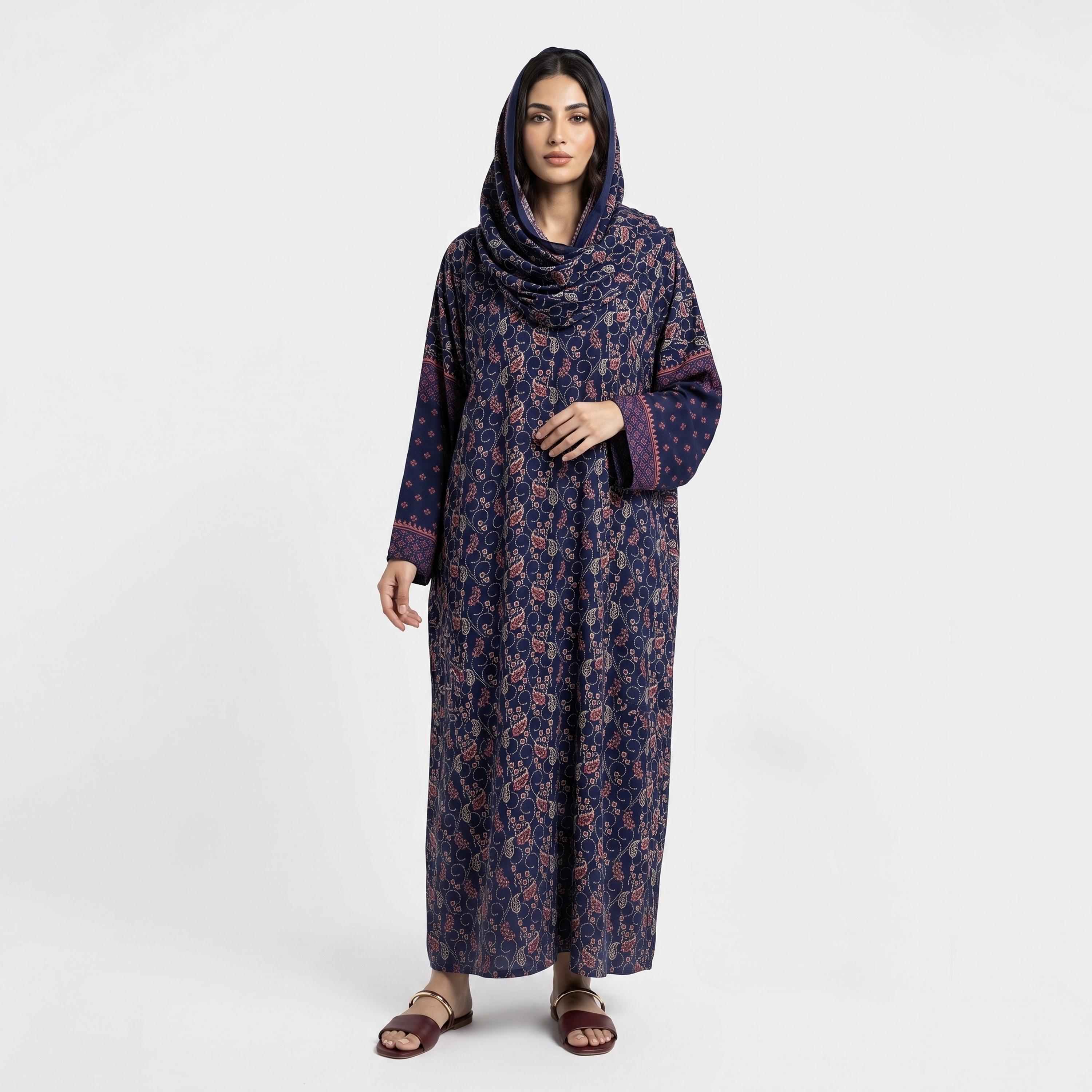 Hadiyath Al Madinah Blue Wide Sleeves All Over Printed Women's Abaya with Hijab-women-arabicclothing-abayas-image-1