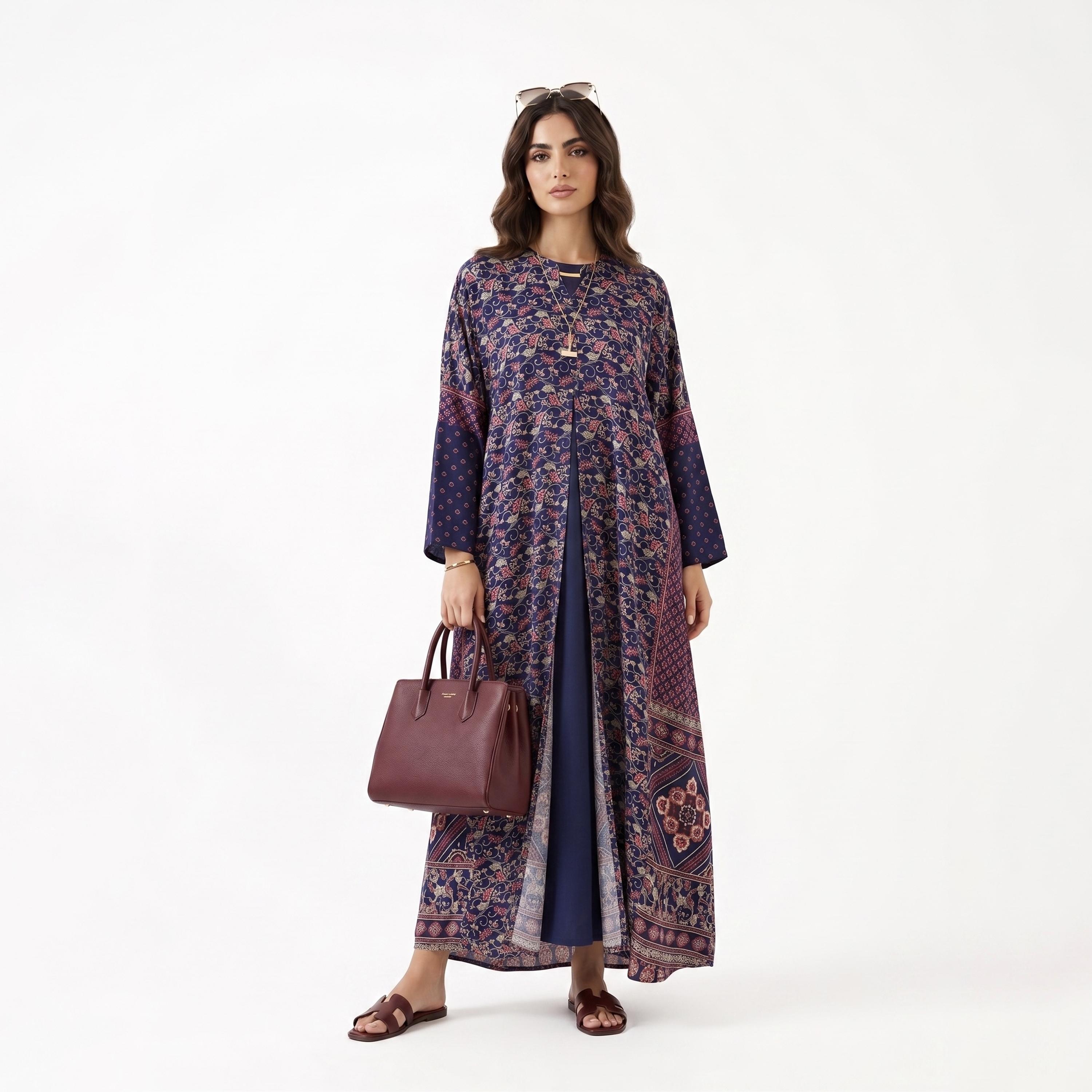 Hadiyath Al Madinah Blue Wide Sleeves All Over Printed Women's Abaya with Hijab-women-arabicclothing-abayas-image-2