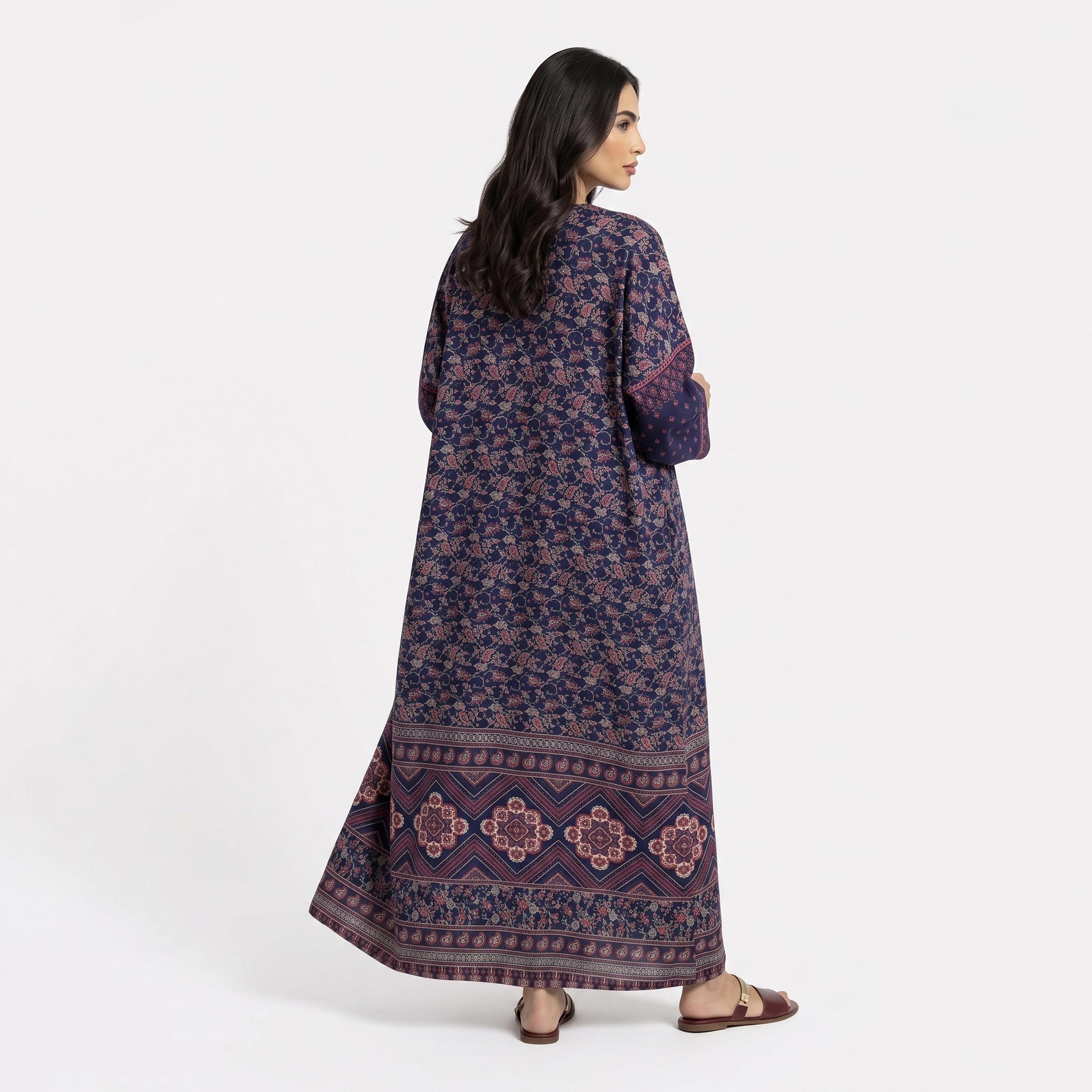 Hadiyath Al Madinah Blue Wide Sleeves All Over Printed Women's Abaya with Hijab-women-arabicclothing-abayas-image-3