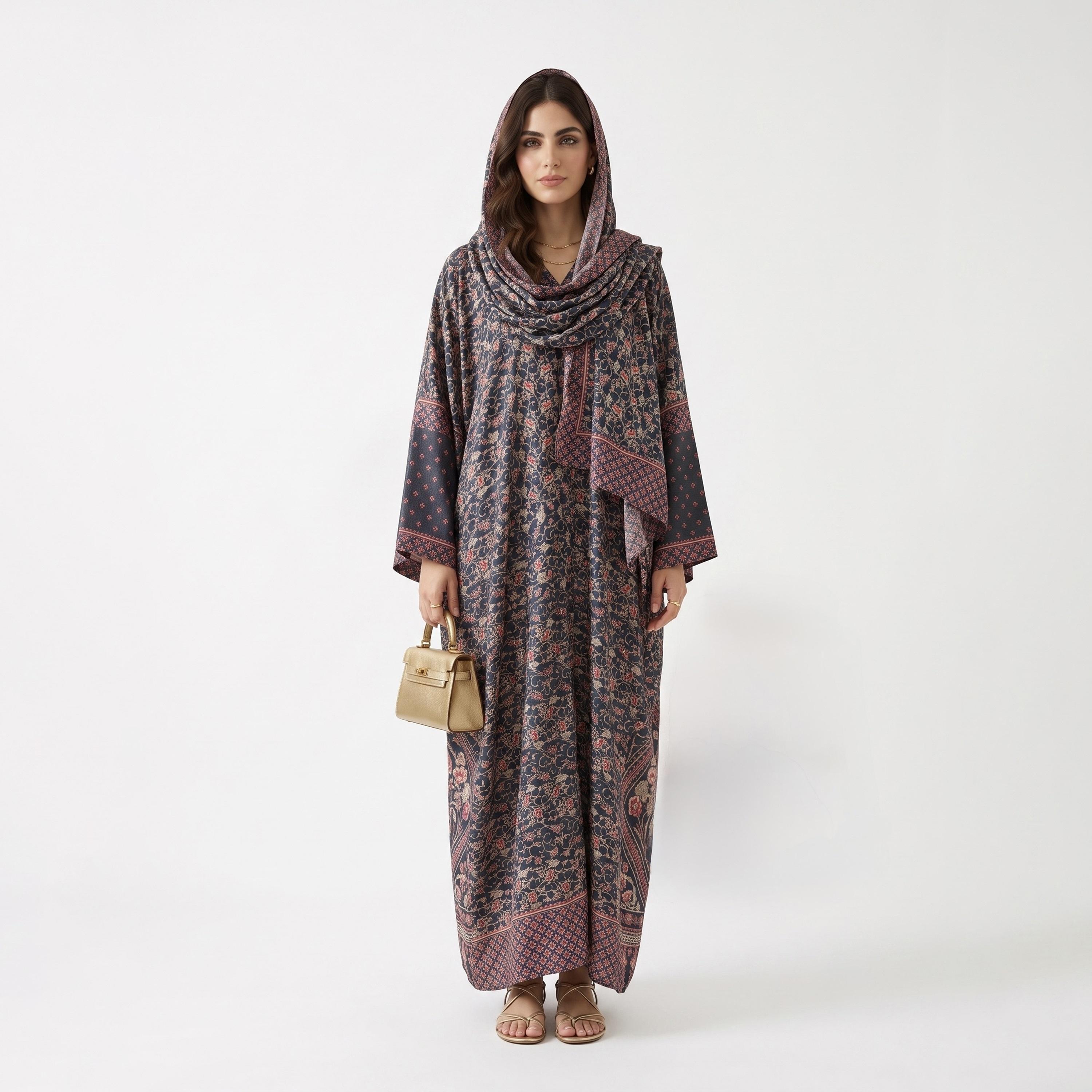 عباية حريمي بأكمام واسعة وطبعة كاملة باللون الأزرق مع حجاب من حديث المدينة-women-arabicclothing-abayas-image-1