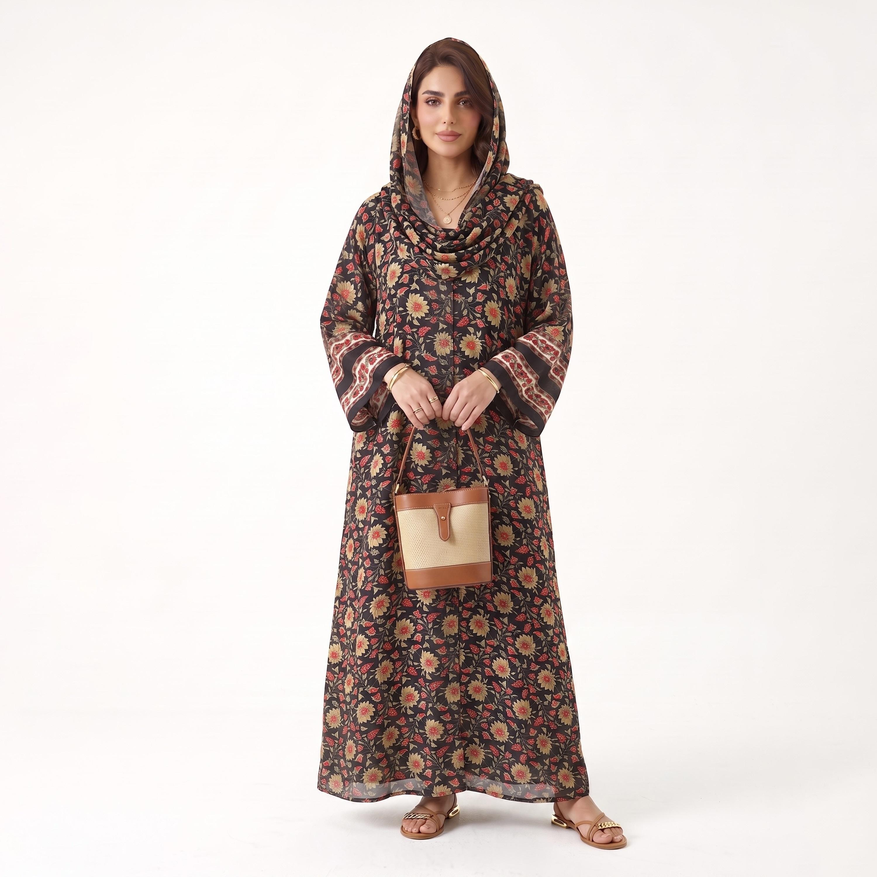 Hadiyath Al Madinah Black Wide Sleeves All Over Floral Printed Women's Open Front Abaya with Hijab-women-arabicclothing-abayas-image-1
