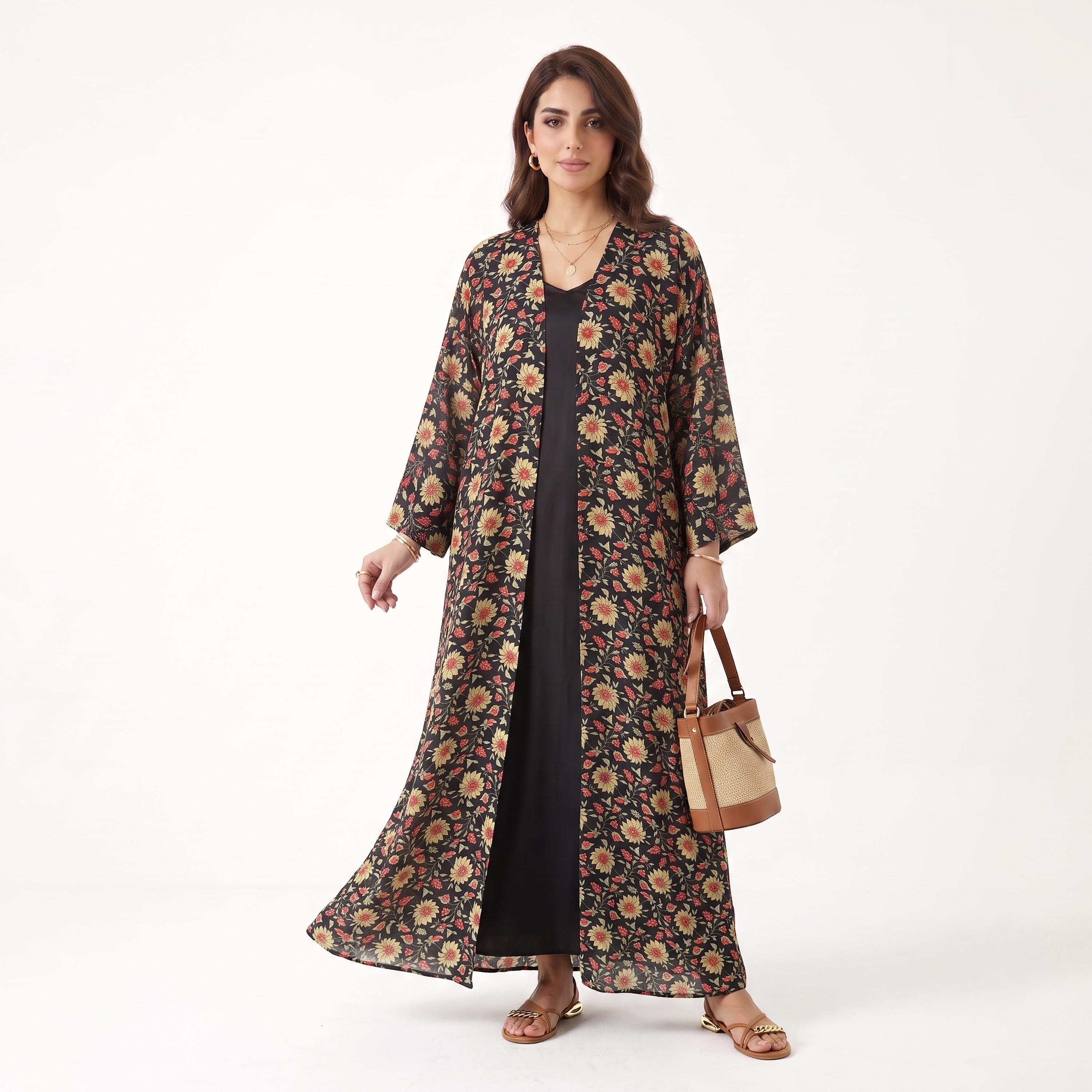 Hadiyath Al Madinah Black Wide Sleeves All Over Floral Printed Women's Open Front Abaya with Hijab-women-arabicclothing-abayas-image-2