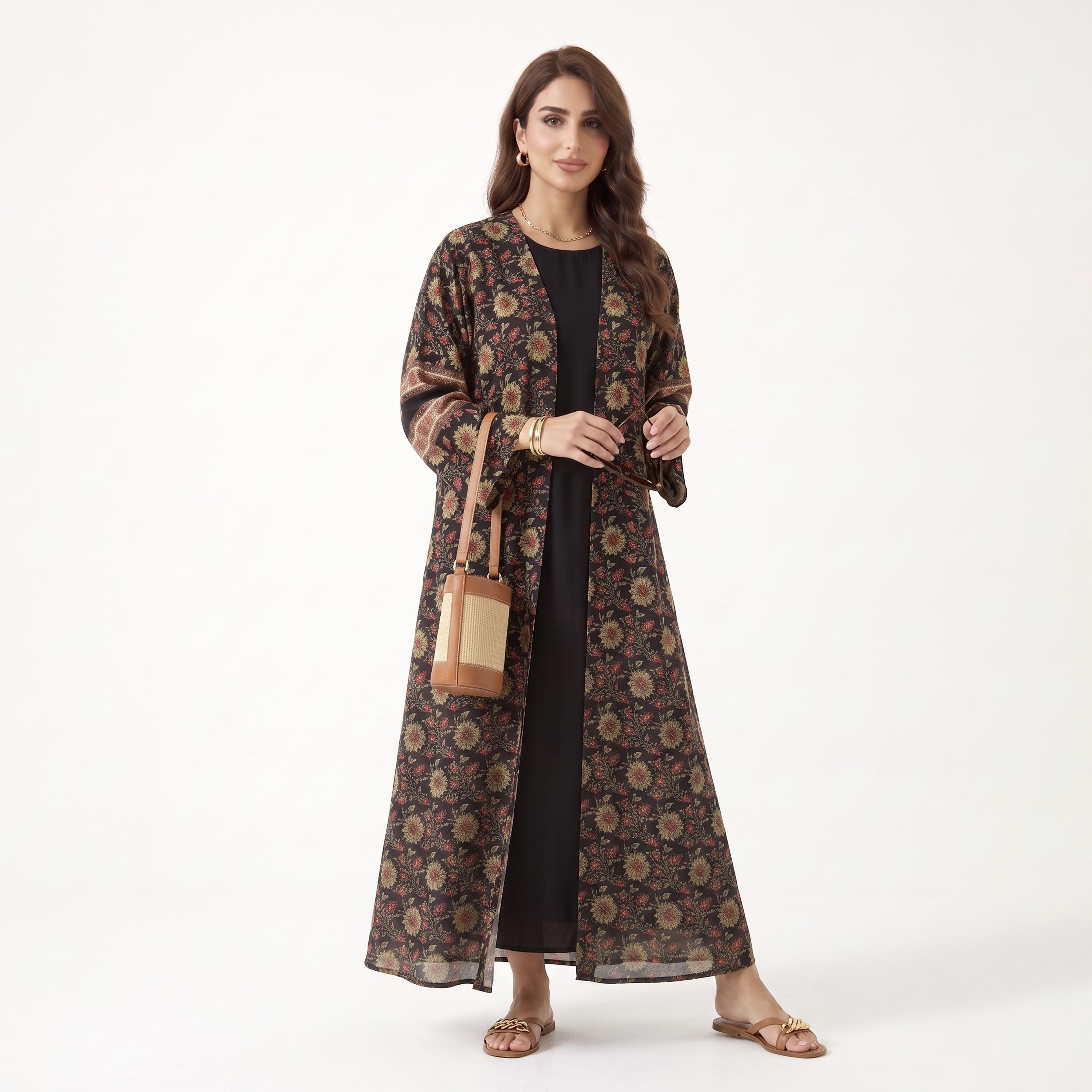 Hadiyath Al Madinah Black Wide Sleeves All Over Floral Printed Women's Open Front Abaya with Hijab-women-arabicclothing-abayas-image-3