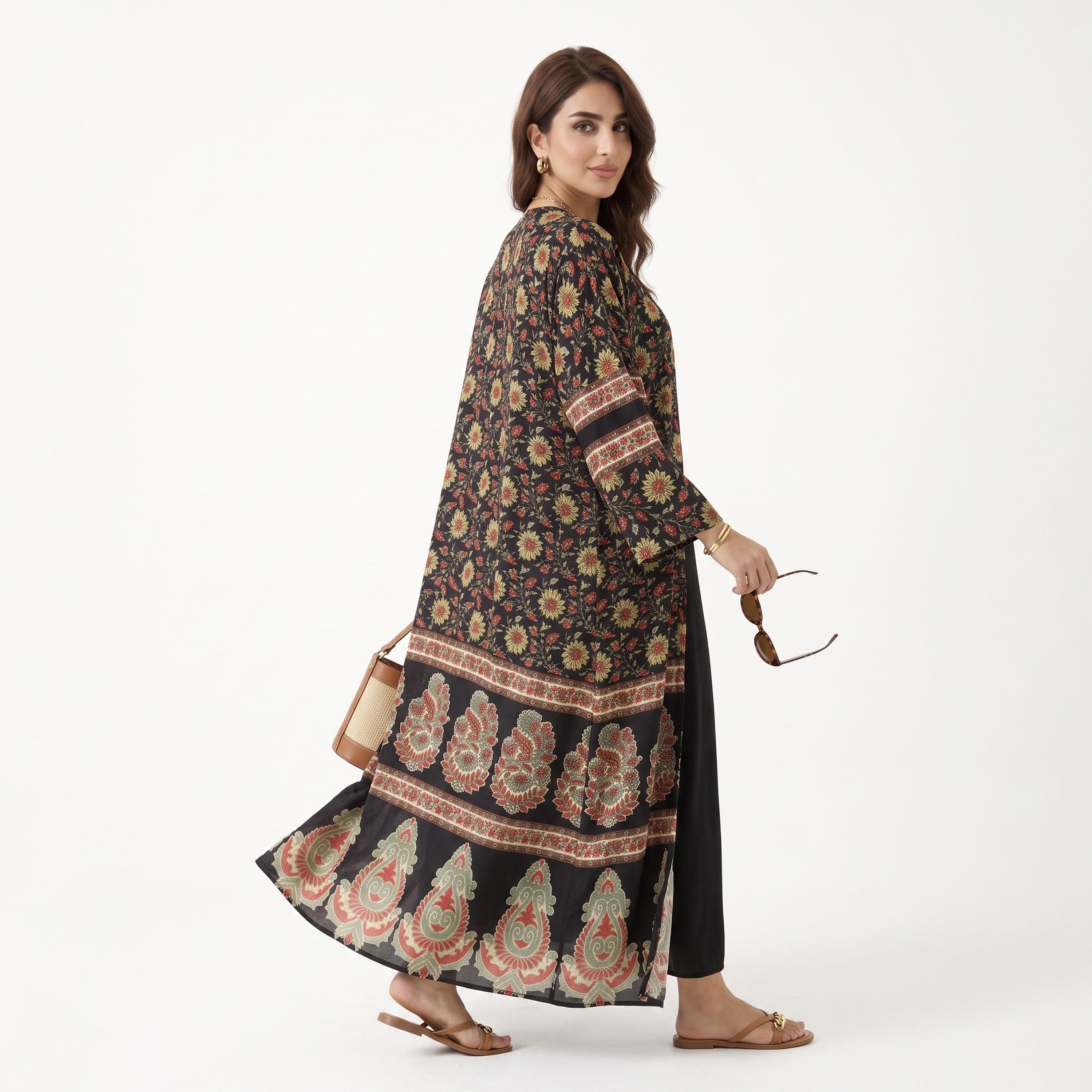 Hadiyath Al Madinah Black Wide Sleeves All Over Floral Printed Women's Open Front Abaya with Hijab-women-arabicclothing-abayas-image-4