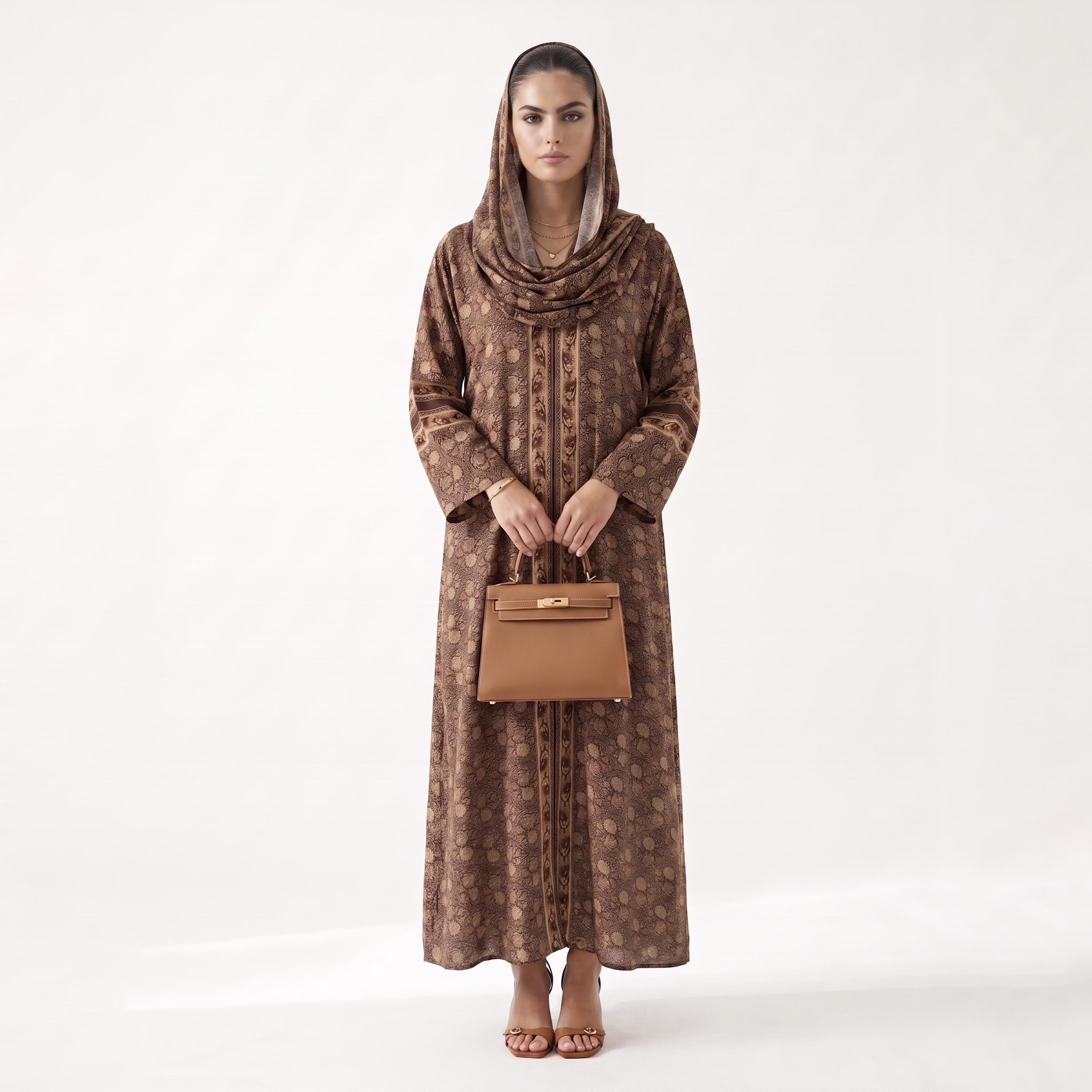 عباية حريمي بأكمام واسعة وطبعة كاملة باللون البني مع حجاب من حديث المدينة-women-arabicclothing-abayas-image-1