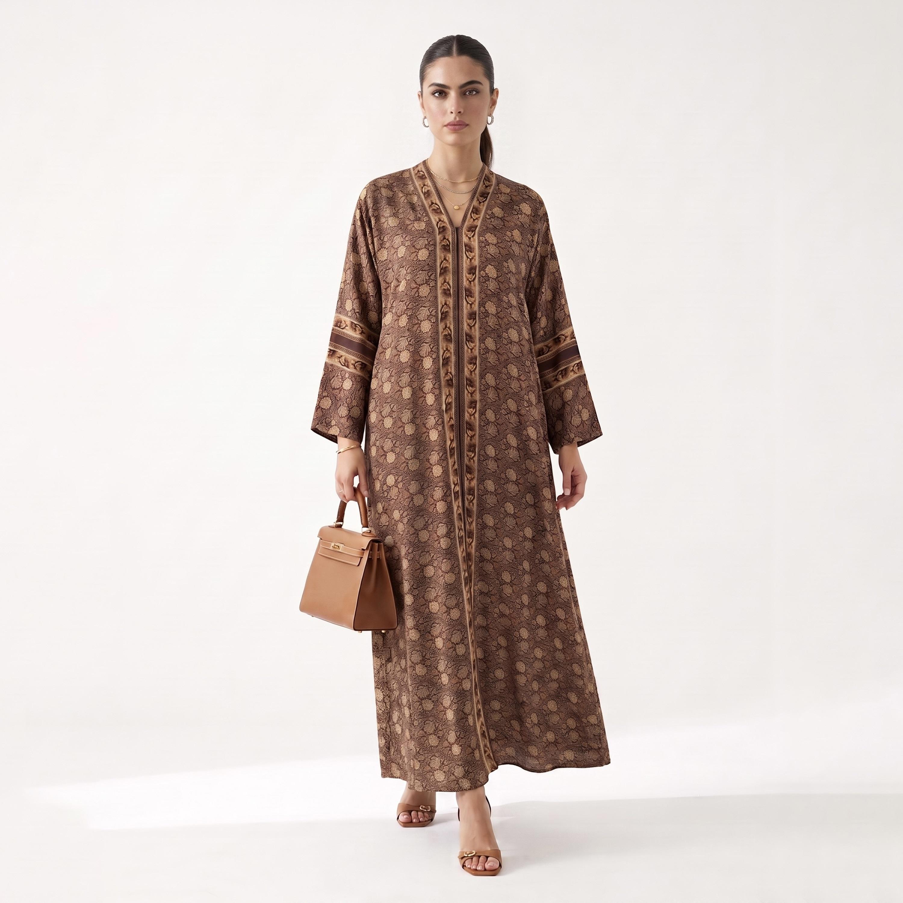 عباية حريمي بأكمام واسعة وطبعة كاملة باللون البني مع حجاب من حديث المدينة-women-arabicclothing-abayas-image-2