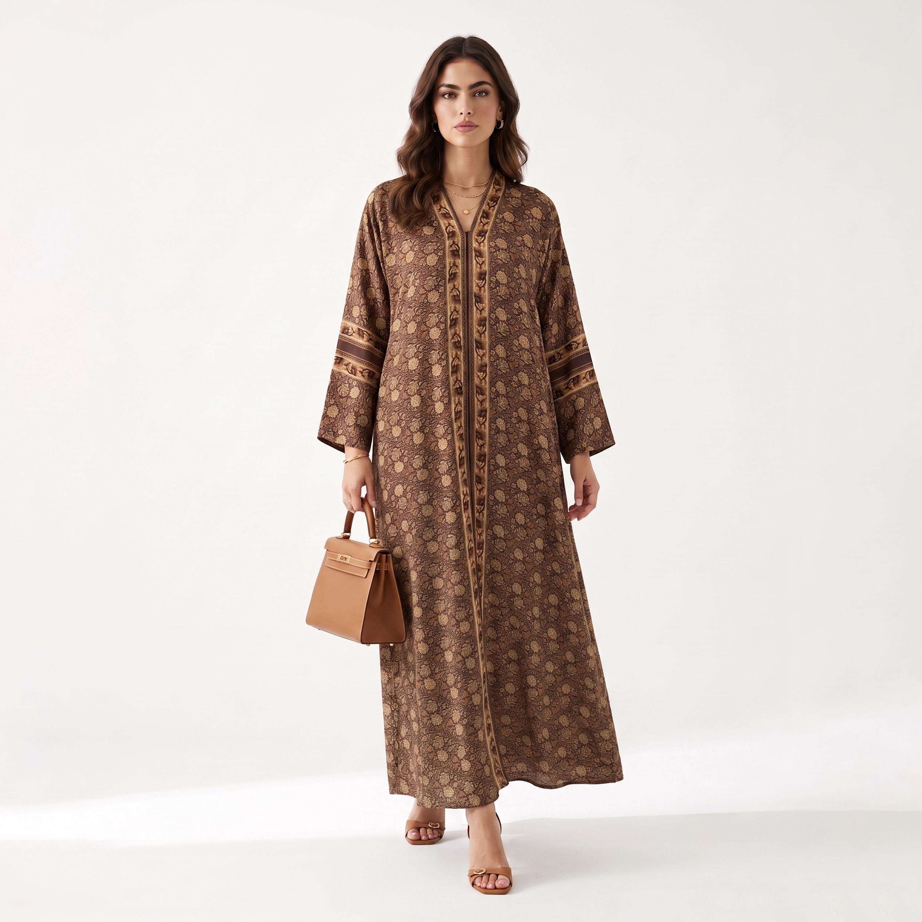 عباية حريمي بأكمام واسعة وطبعة كاملة باللون البني مع حجاب من حديث المدينة-women-arabicclothing-abayas-image-3