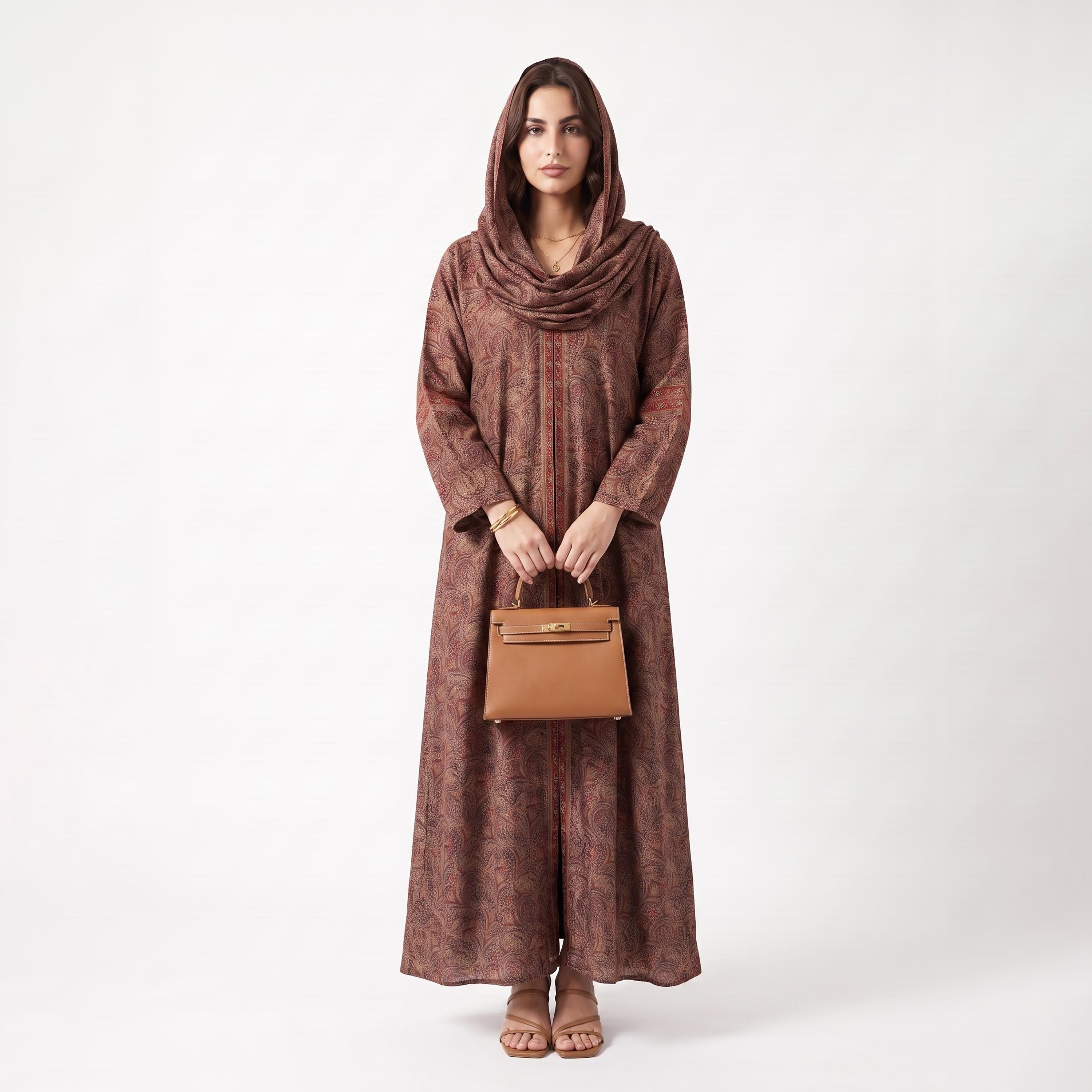 Hadiyath Al Madinah Red Wide Sleeves All Over Printed Women's Open Front Abaya with Hijab-women-arabicclothing-abayas-image-1