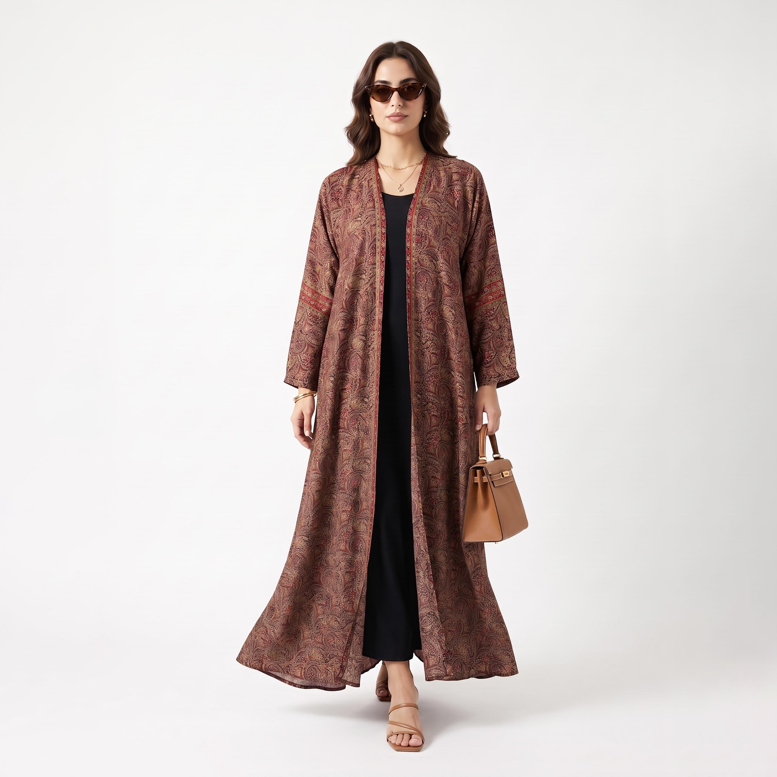 Hadiyath Al Madinah Red Wide Sleeves All Over Printed Women's Open Front Abaya with Hijab-women-arabicclothing-abayas-image-2