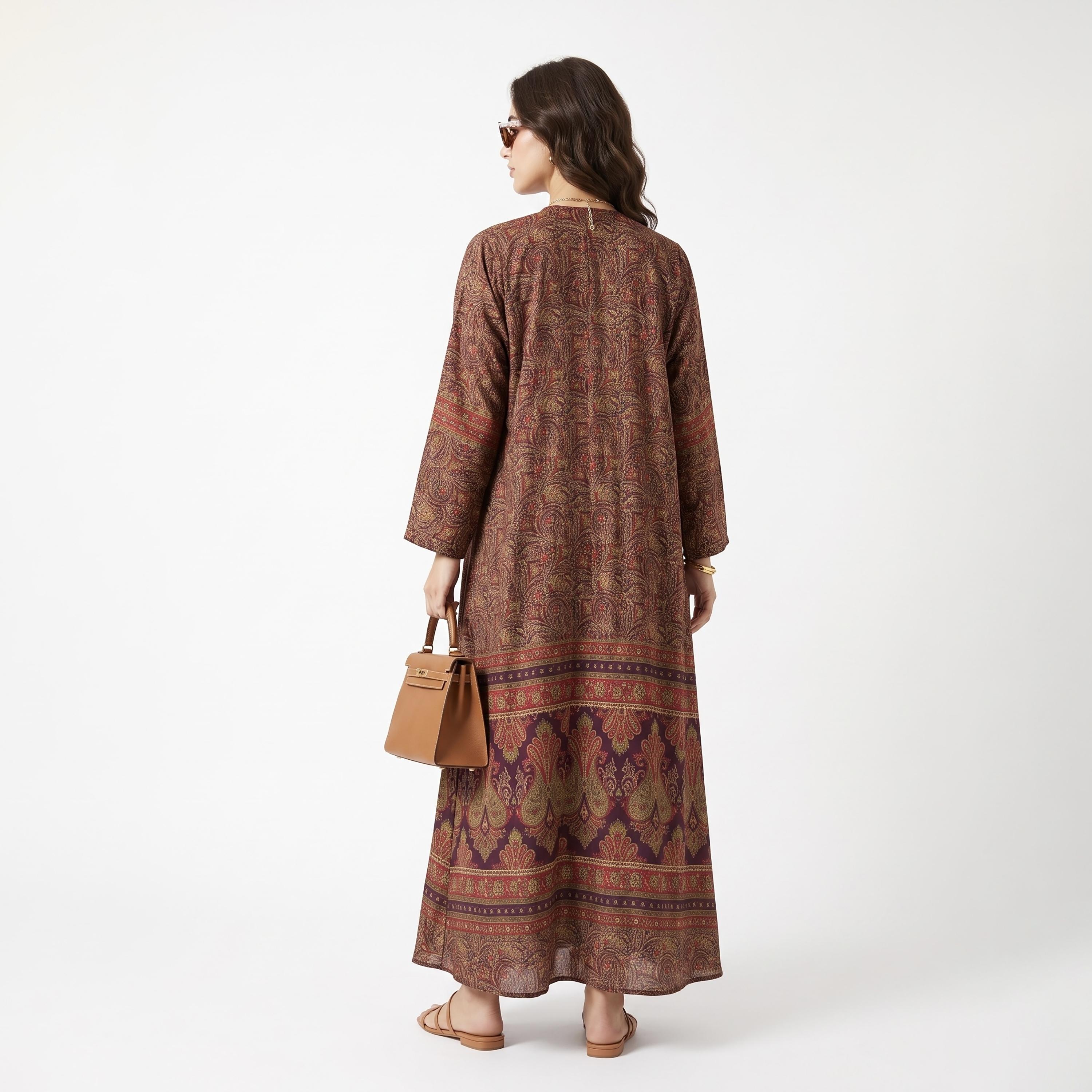 Hadiyath Al Madinah Red Wide Sleeves All Over Printed Women's Open Front Abaya with Hijab-women-arabicclothing-abayas-image-3