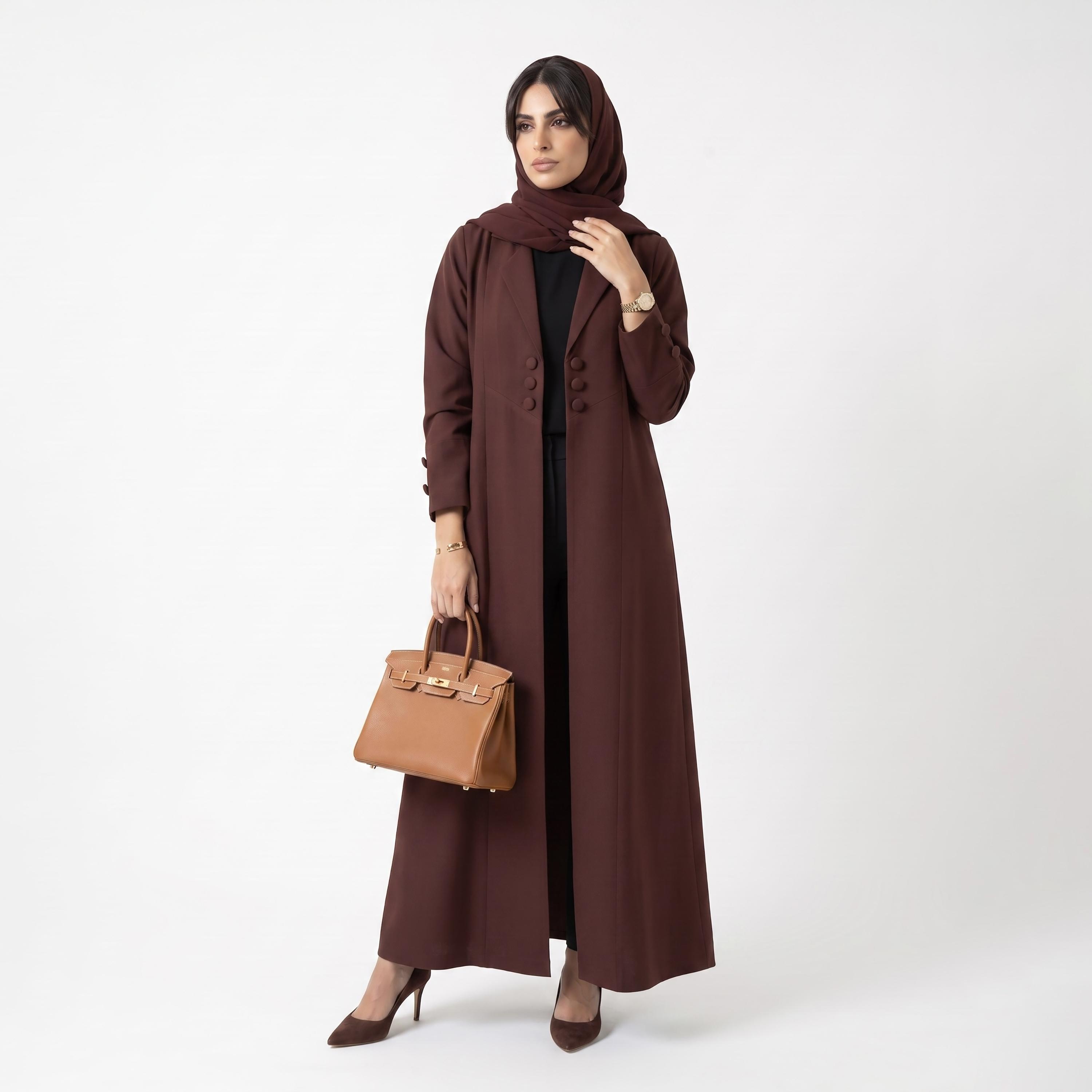 Hadiyath Al Madinah Maroon Notch Lapel Collar Coat Style Women's Open Front Abaya with Hijab-women-arabicclothing-abayas-image-1