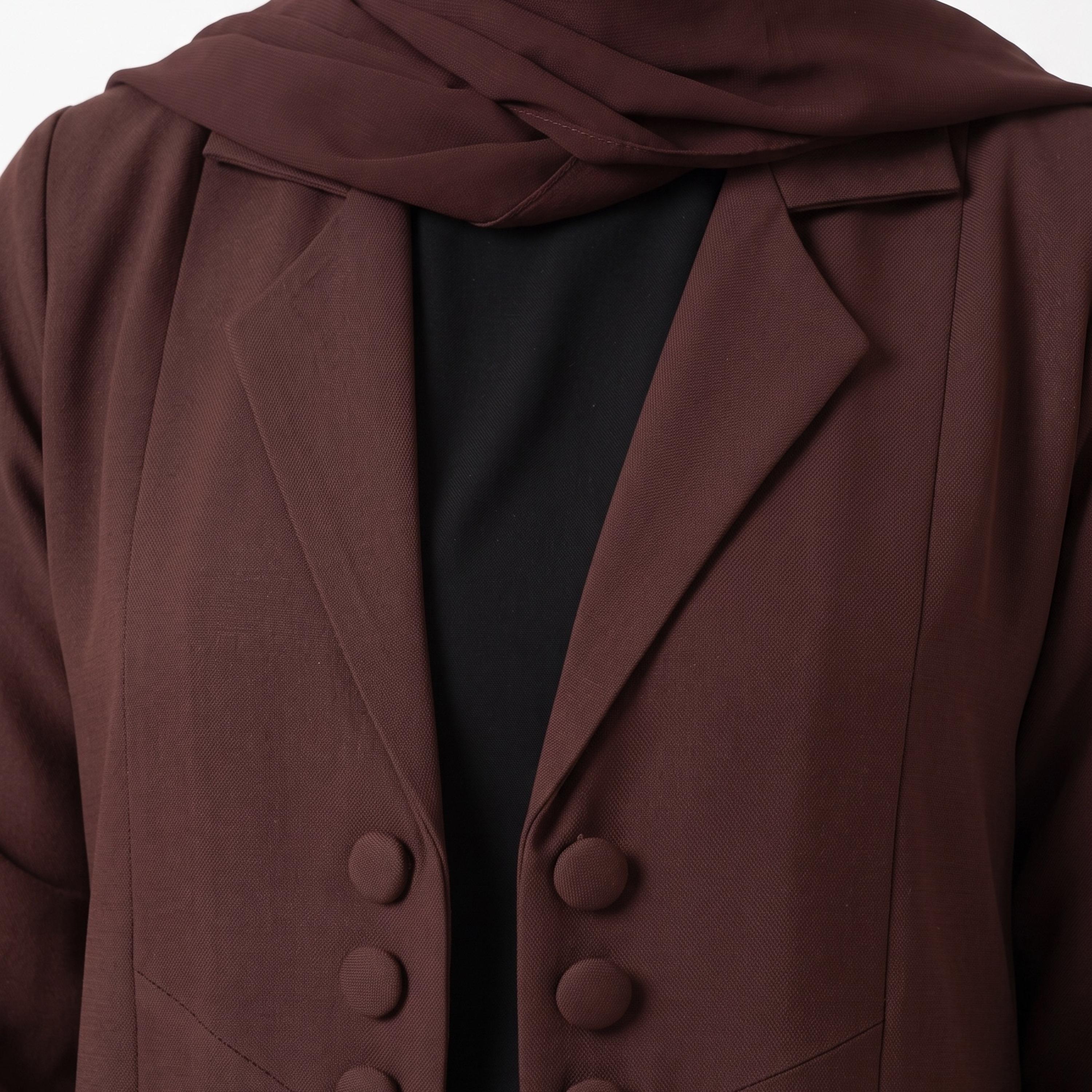 Hadiyath Al Madinah Maroon Notch Lapel Collar Coat Style Women's Open Front Abaya with Hijab-women-arabicclothing-abayas-image-2