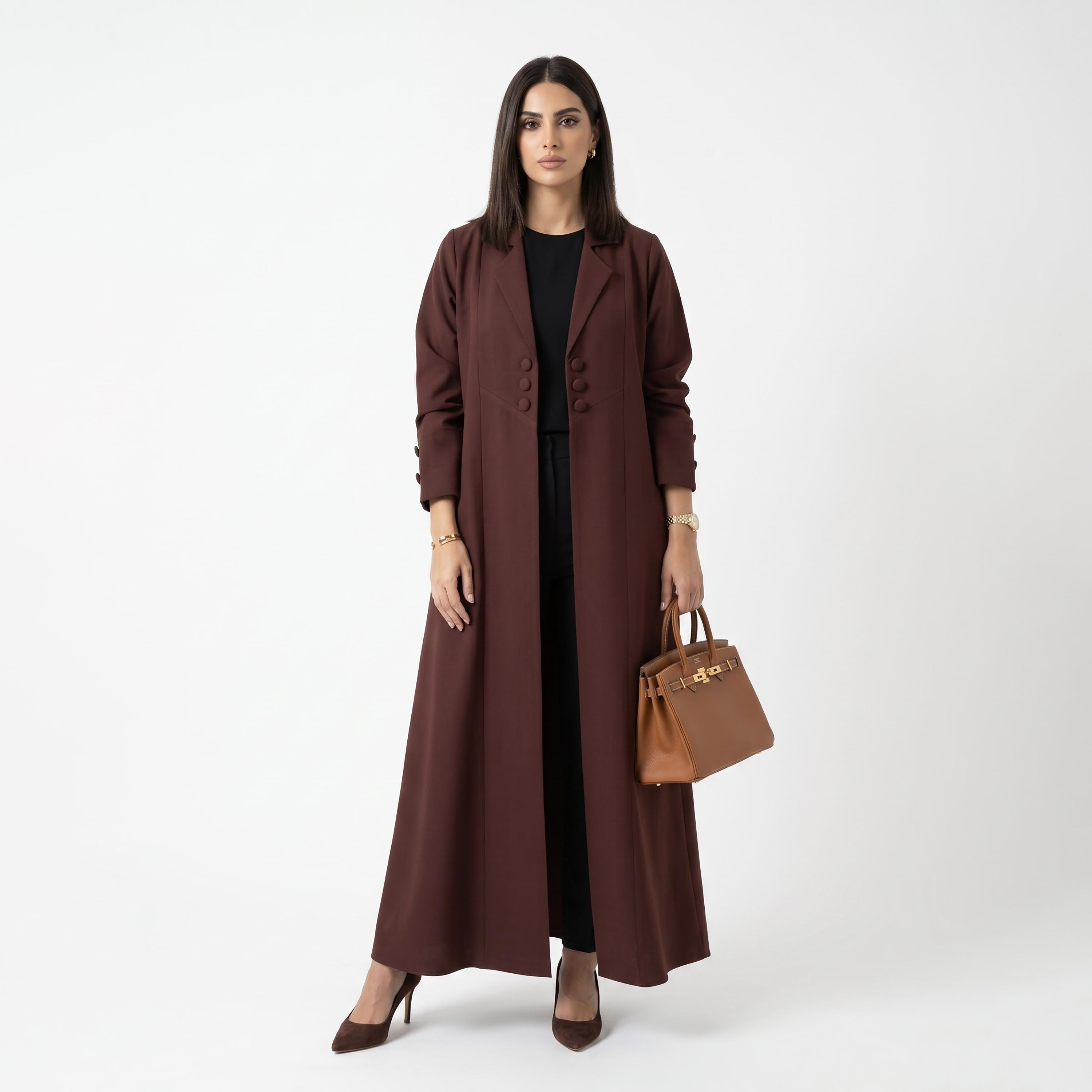 Hadiyath Al Madinah Maroon Notch Lapel Collar Coat Style Women's Open Front Abaya with Hijab-women-arabicclothing-abayas-image-3