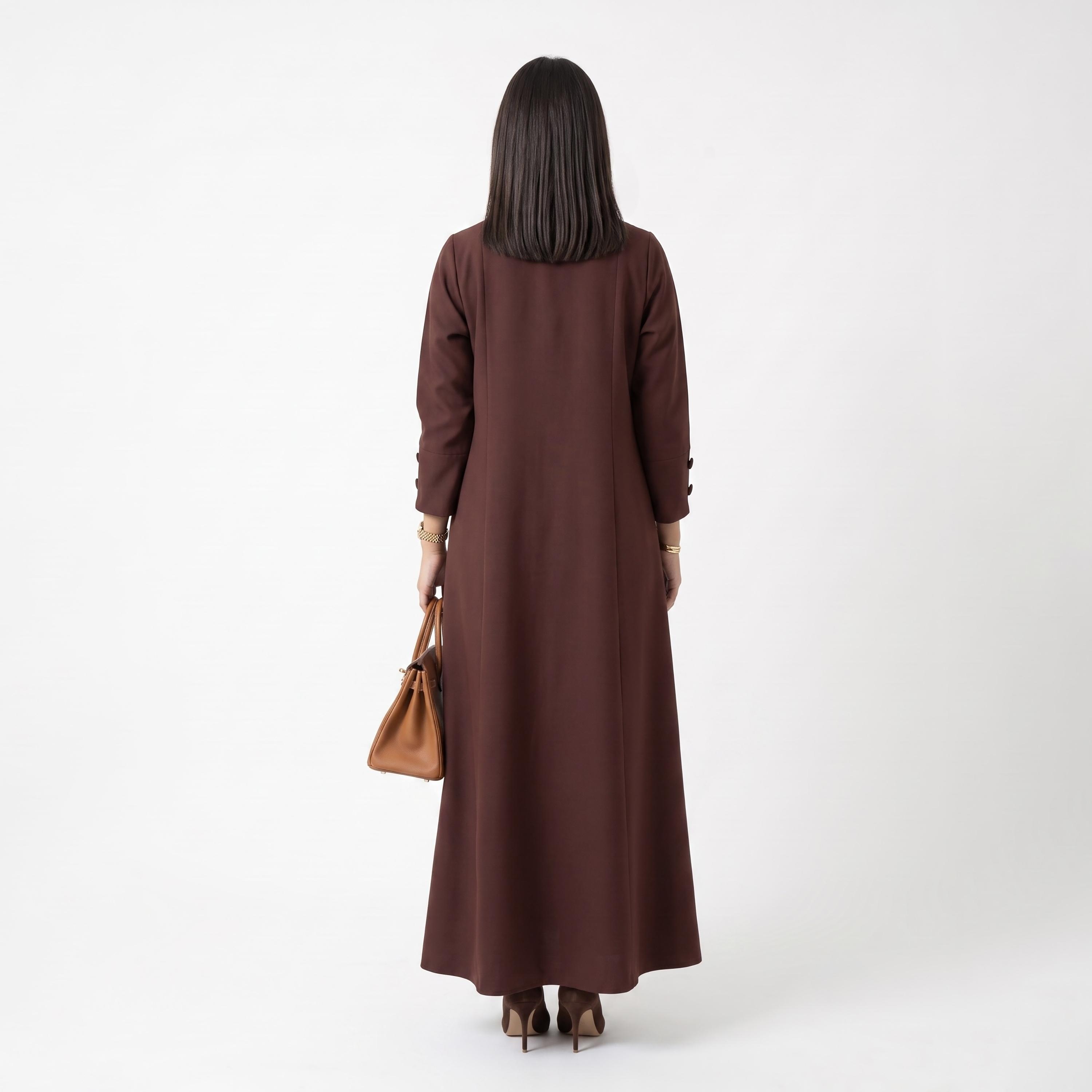 Hadiyath Al Madinah Maroon Notch Lapel Collar Coat Style Women's Open Front Abaya with Hijab-women-arabicclothing-abayas-image-4