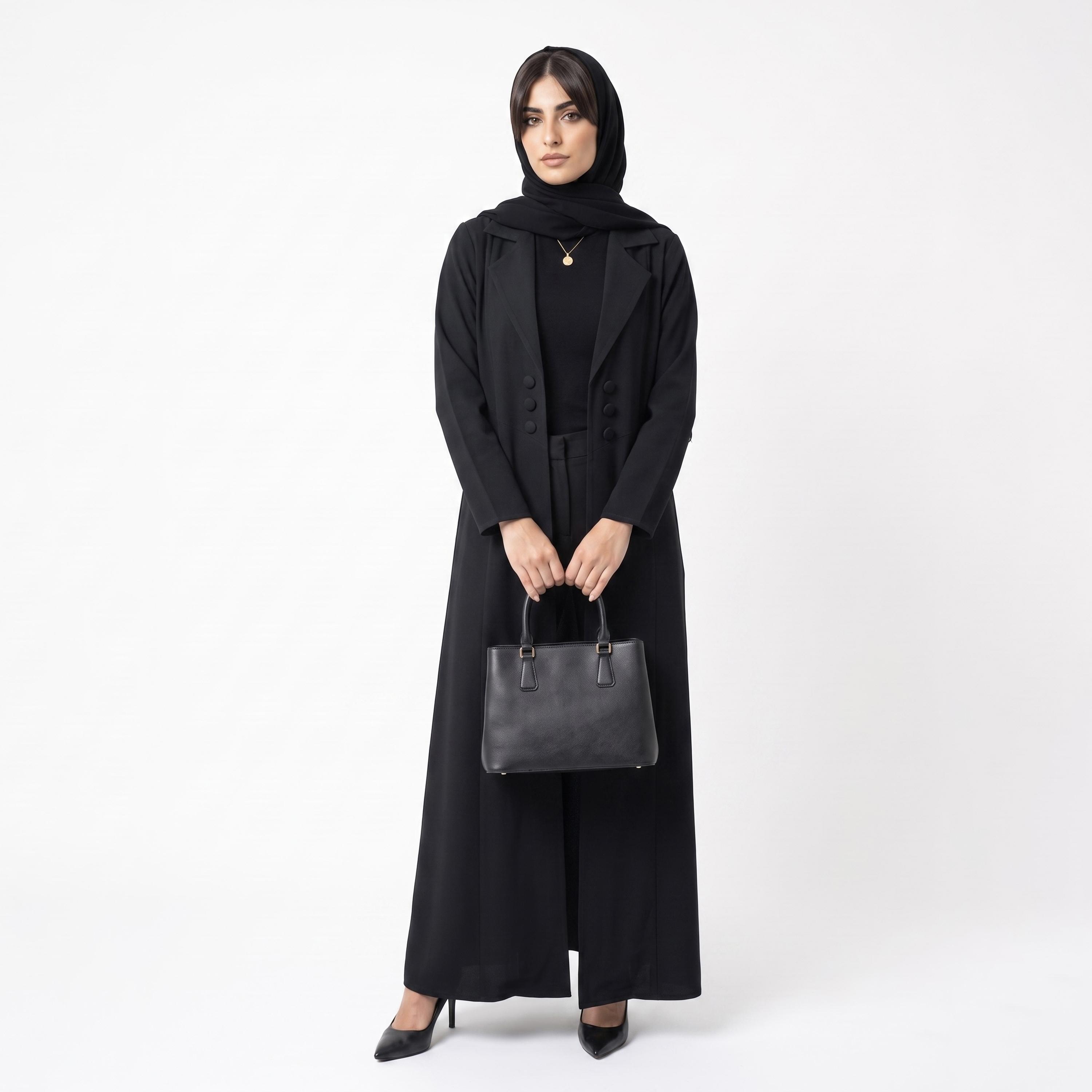 Hadiyath Al Madinah Notch Lapel Collar Coat Style Women's Open Front Abaya with Hijab-women-arabicclothing-abayas-image-1