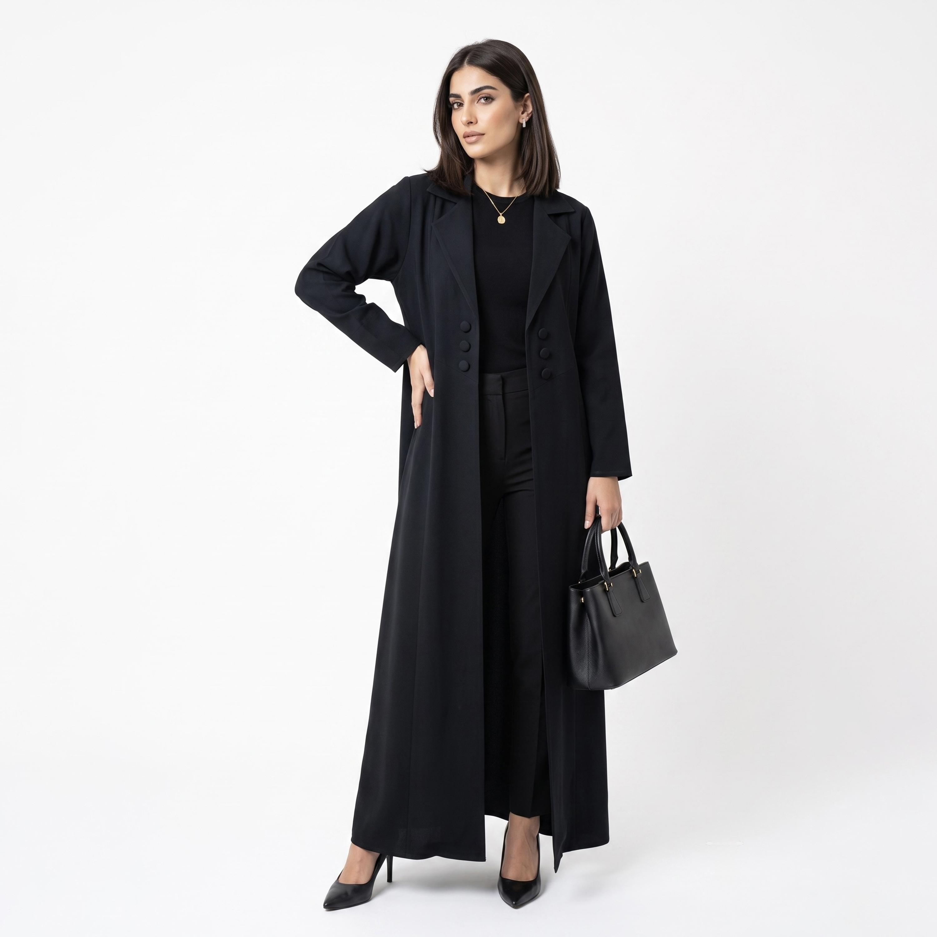 Hadiyath Al Madinah Notch Lapel Collar Coat Style Women's Open Front Abaya with Hijab-women-arabicclothing-abayas-image-3