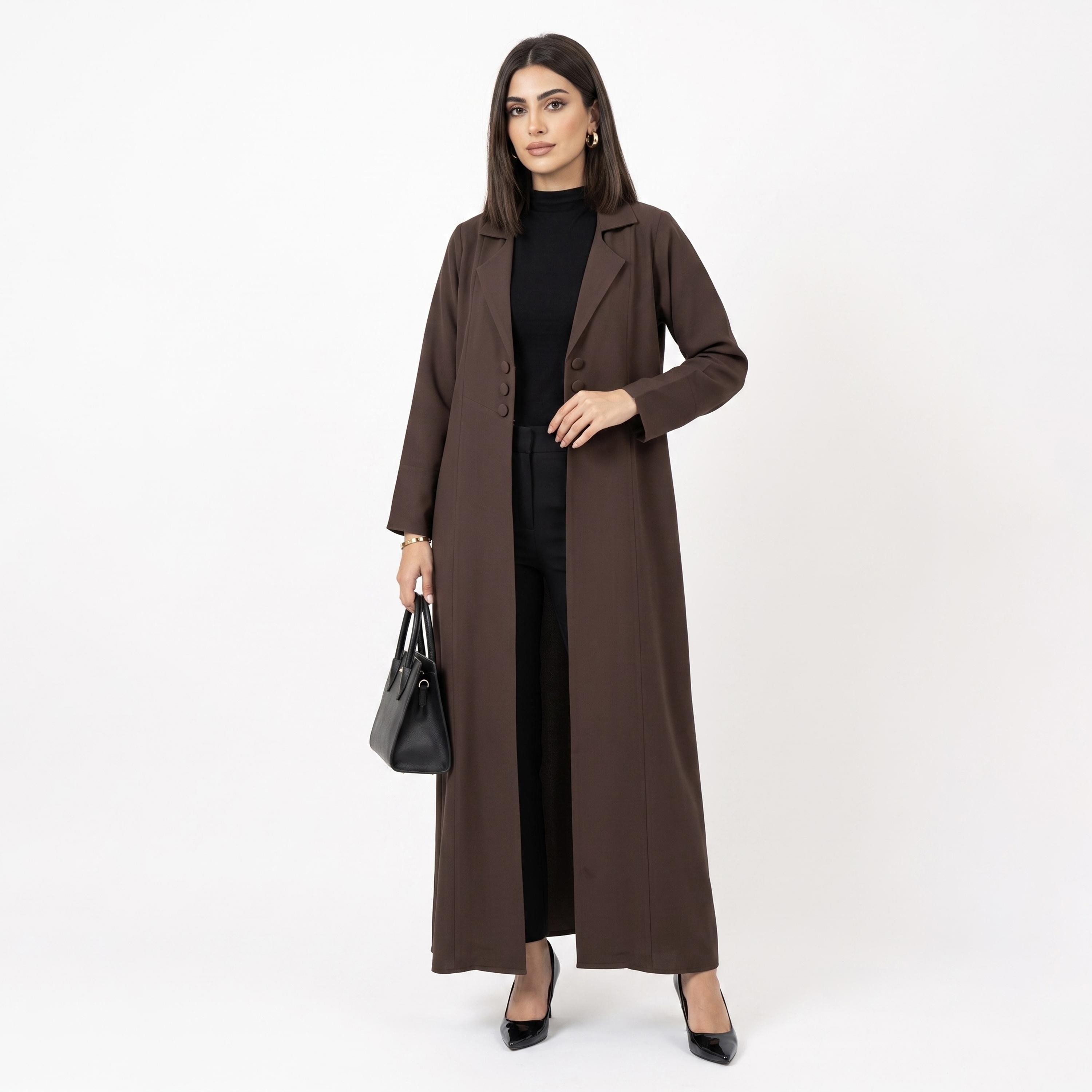 عباية حريمي مفتوحة من الأمام بياقة مطوية (نوتش) بتصميم معطف مع حجاب من حديث المدينة-women-arabicclothing-abayas-image-1
