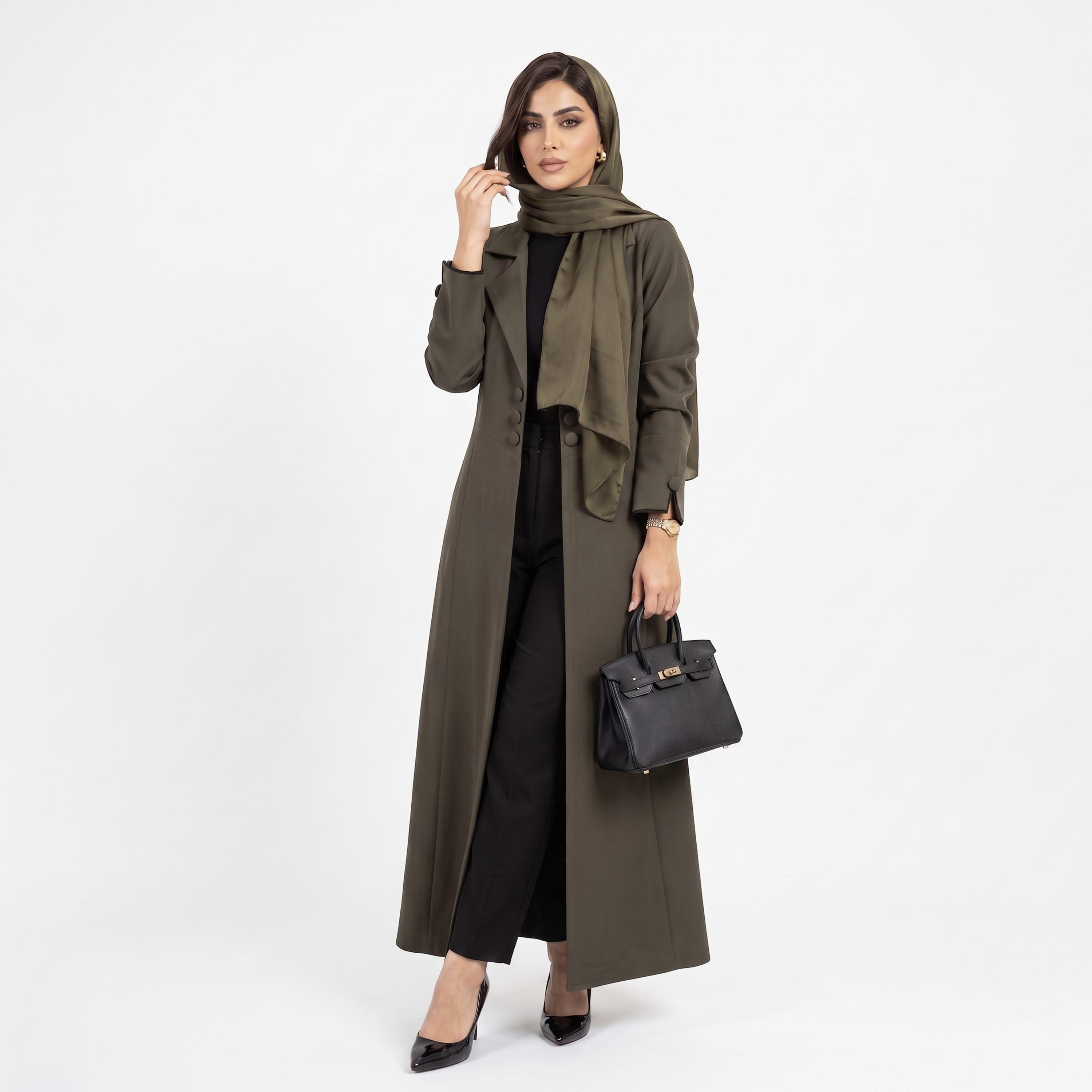 Hadiyath Al Madinah Notch Lapel Collar Coat Style Women's Open Front Abaya with Hijab-women-arabicclothing-abayas-image-1