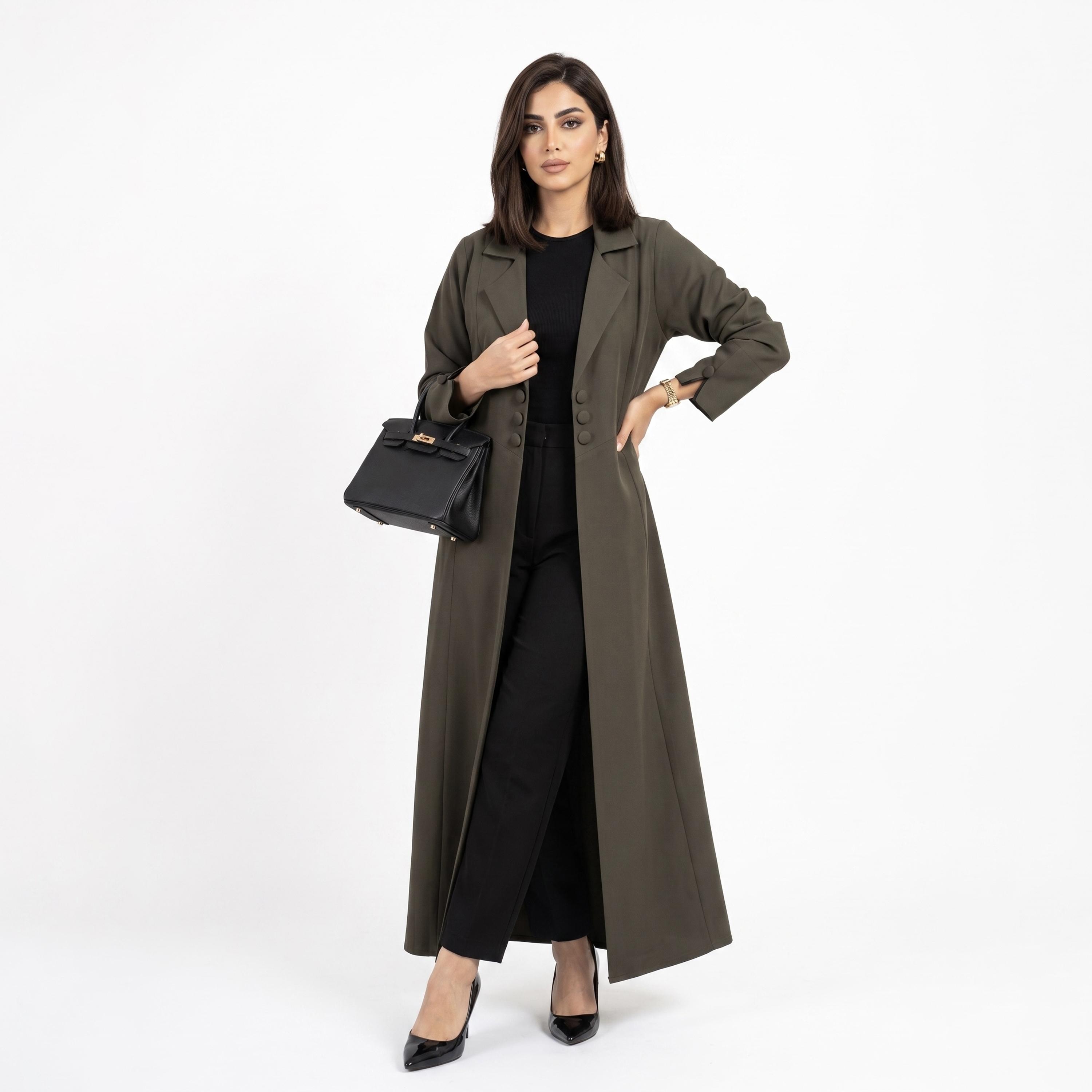 Hadiyath Al Madinah Notch Lapel Collar Coat Style Women's Open Front Abaya with Hijab-women-arabicclothing-abayas-image-3