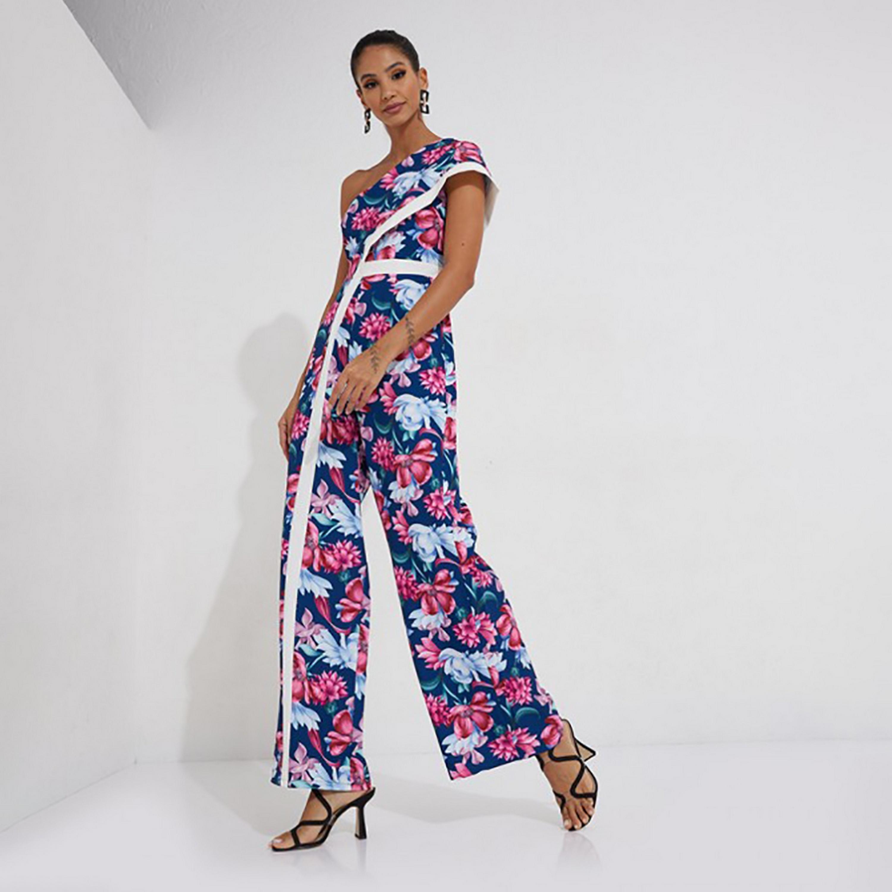 Little Mistress Blue Floral One Shoulder Women's Jumpsuit-women-clothing-jumpsuits-image-3