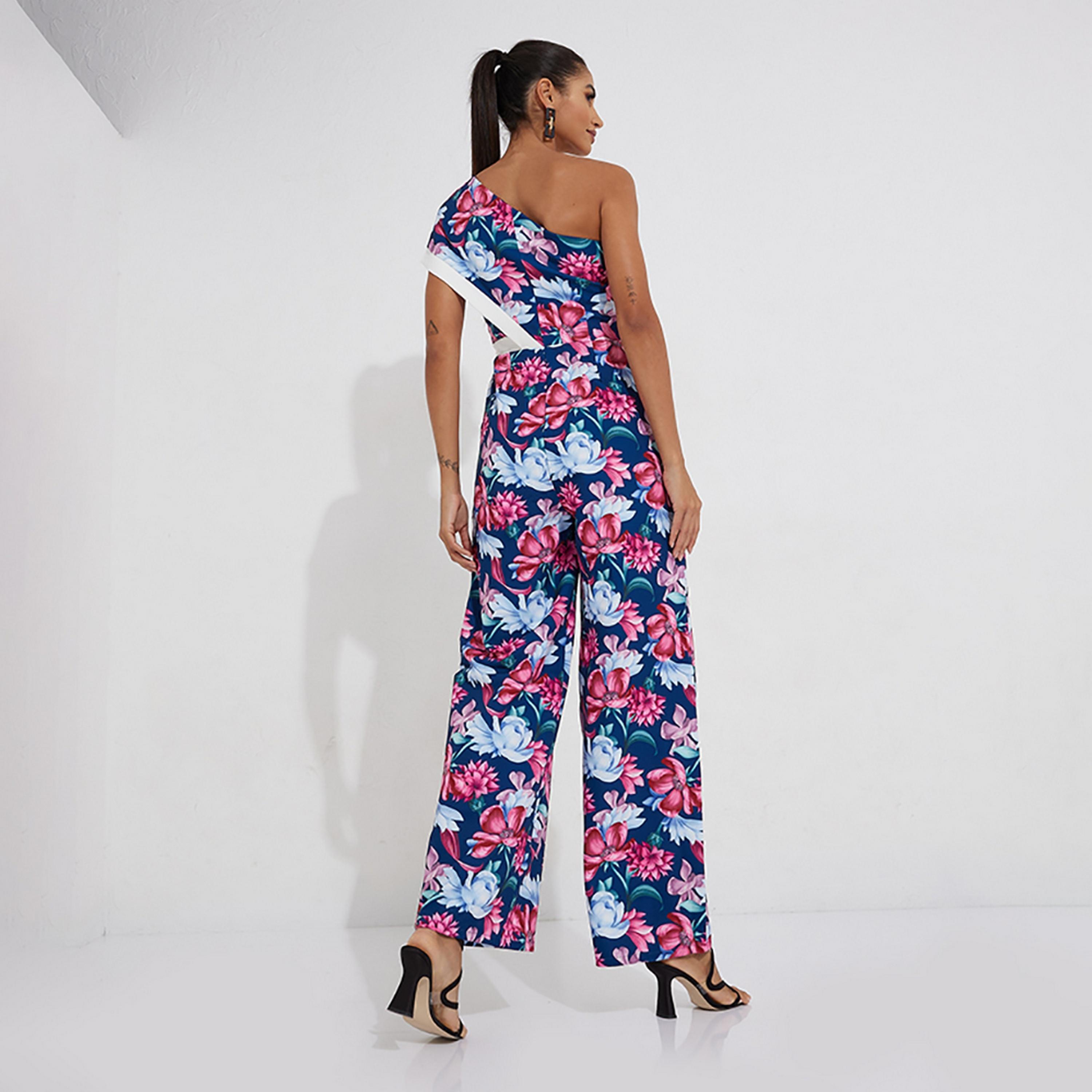 Little Mistress Blue Floral One Shoulder Women's Jumpsuit-women-clothing-jumpsuits-image-4
