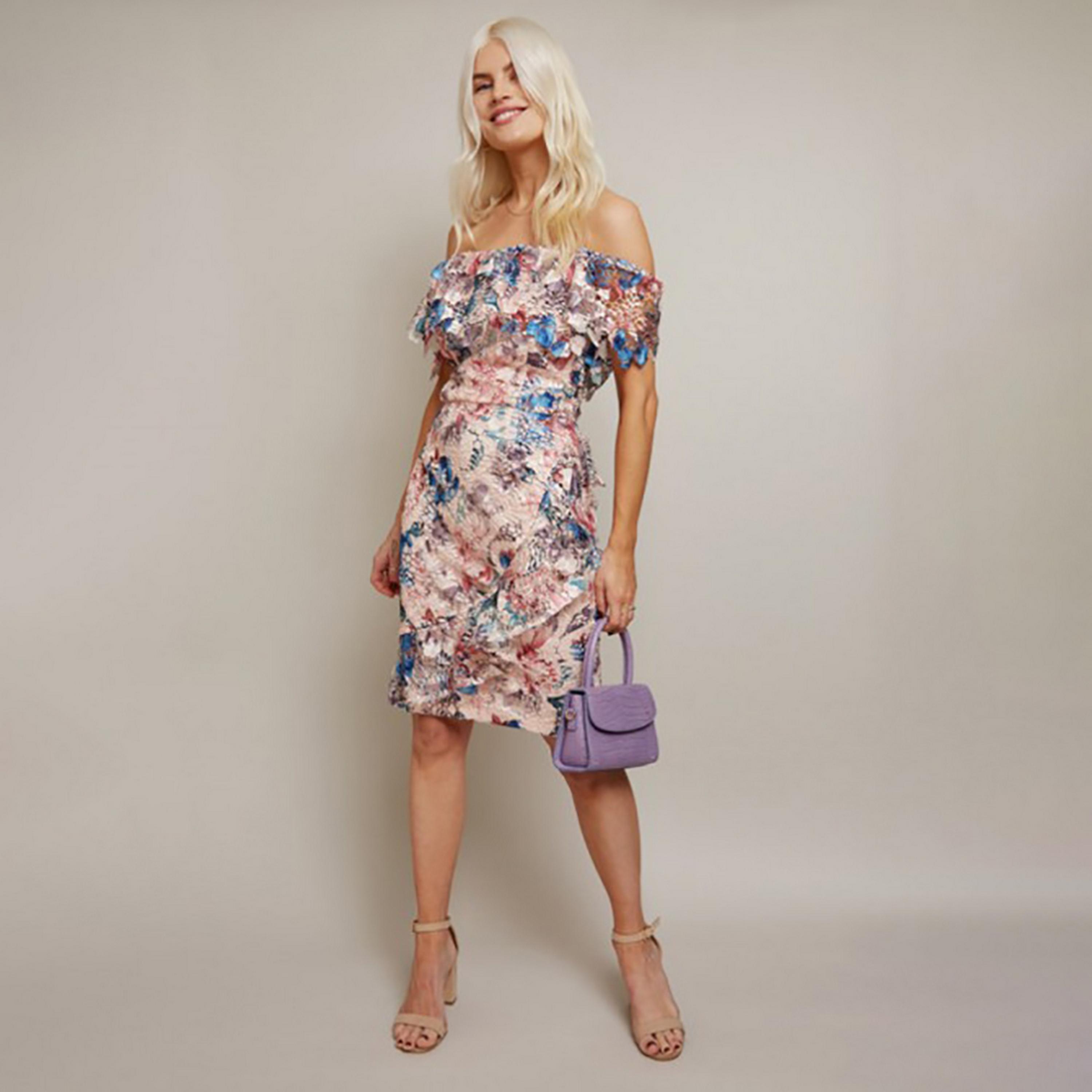 little mistress lace bardot dress Little Mistress Crochet Bardot Midaxi Dress - Blue