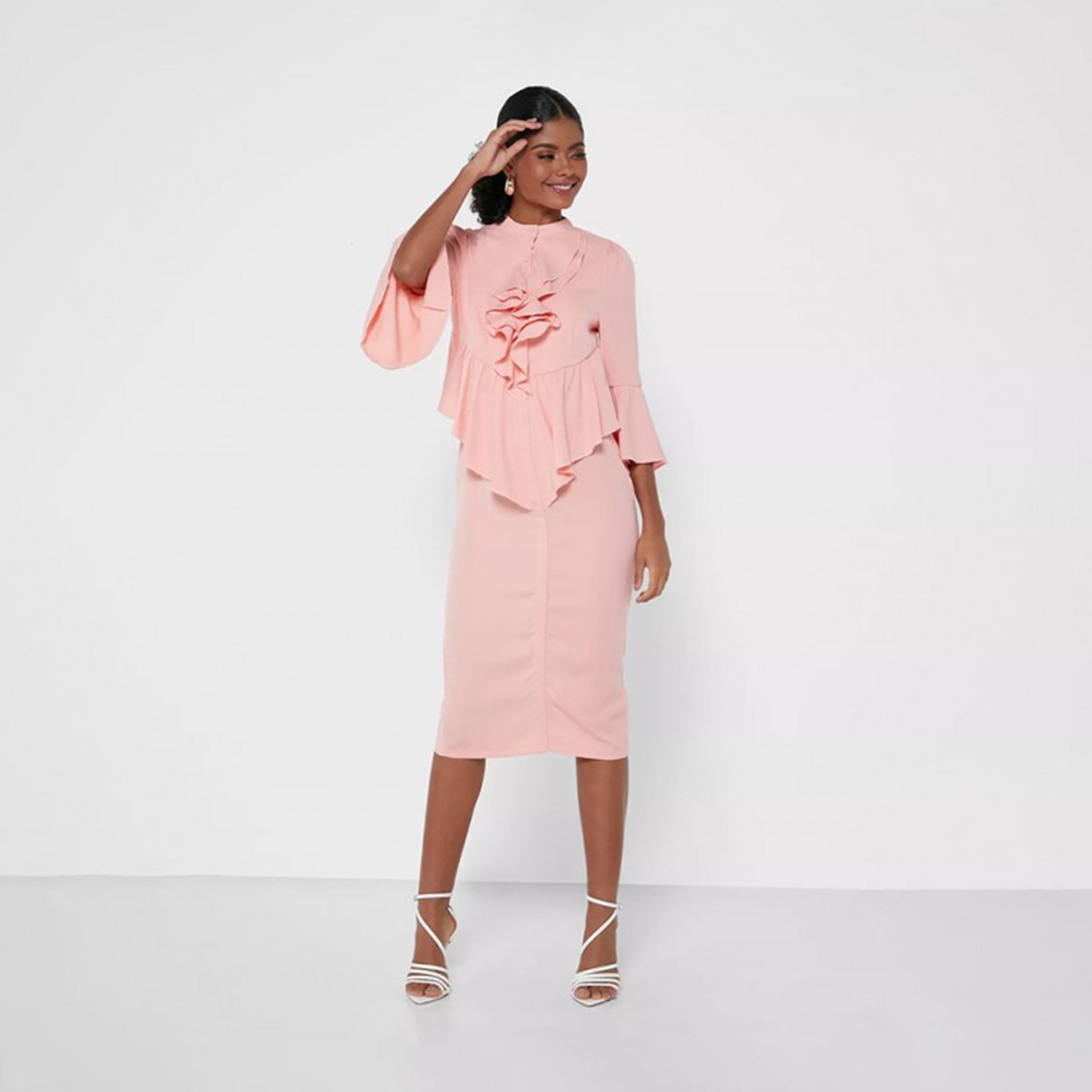 Little Mistress Pink Frill Detail Mandarin Collar Slit Midi Dress-women-clothing-dresses-image-1