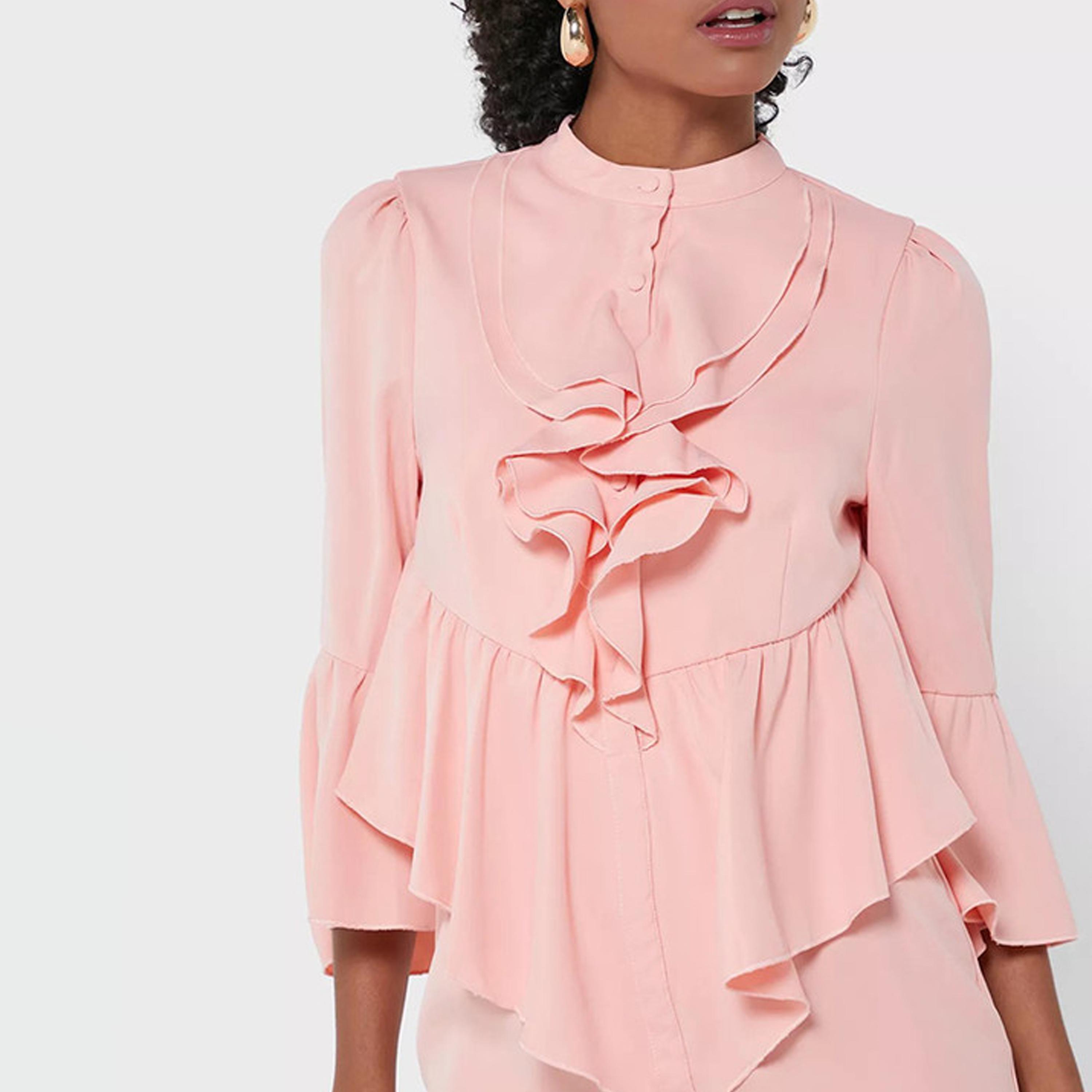 فستان ميدي بفتحة وياقة ماندارين بلون وردي مزين بكشكش من ليتل ميسترس -women-clothing-dresses-image-2