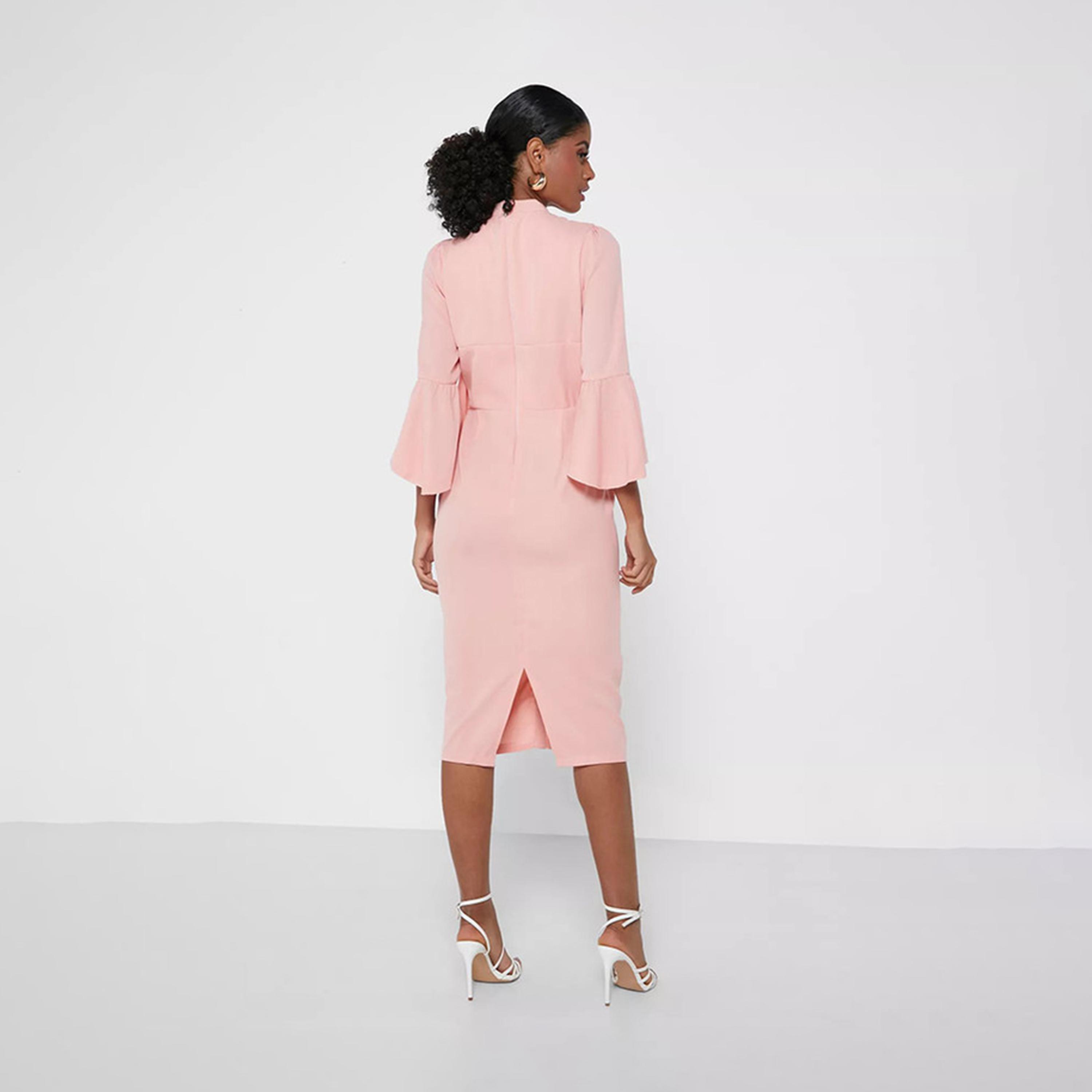 Little Mistress Pink Frill Detail Mandarin Collar Slit Midi Dress-women-clothing-dresses-image-3