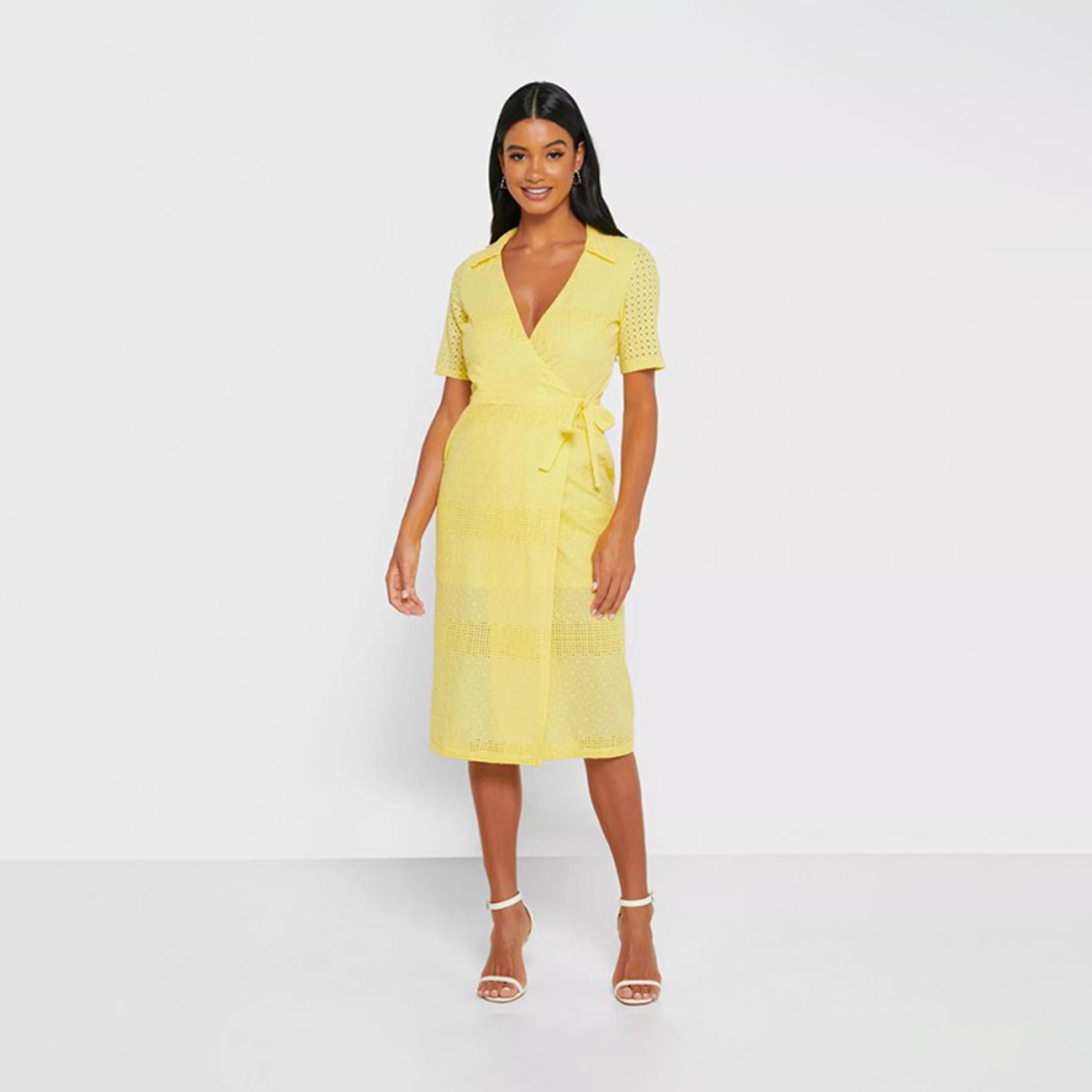 Little Mistress Schiffli V-neck Wrap Midi Dress with Short Sleeves-women-clothing-dresses-image-1