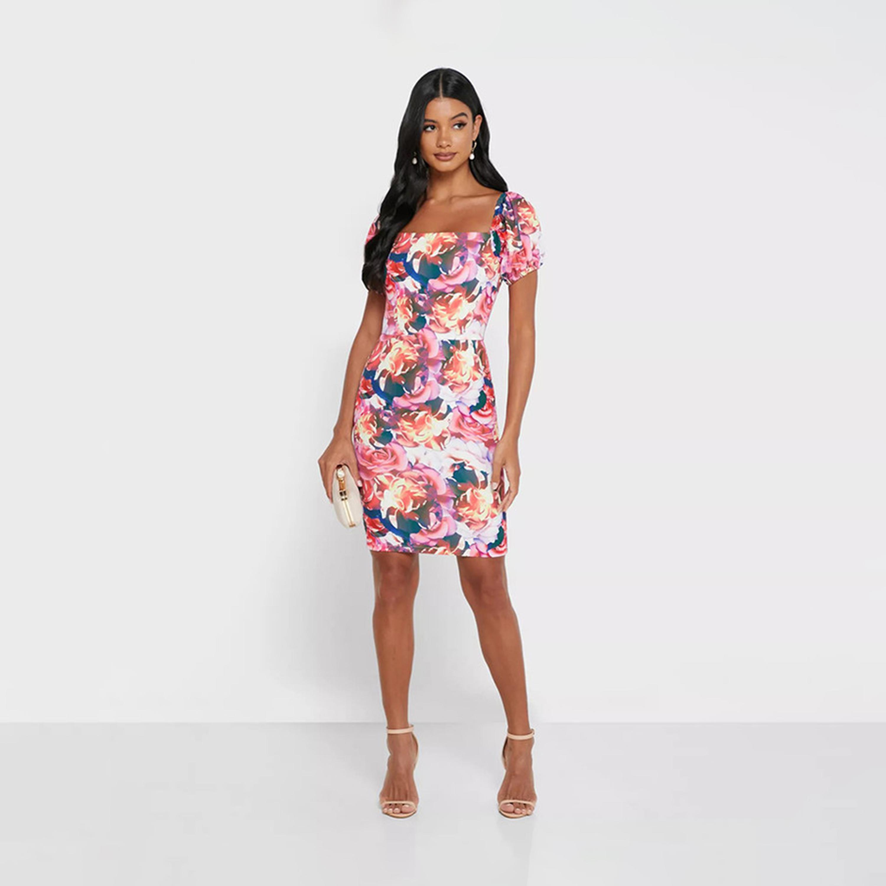 Little Mistress Floral Square Neck Bodycon Mini Dress with Short Sleeves-women-clothing-dresses-image-2