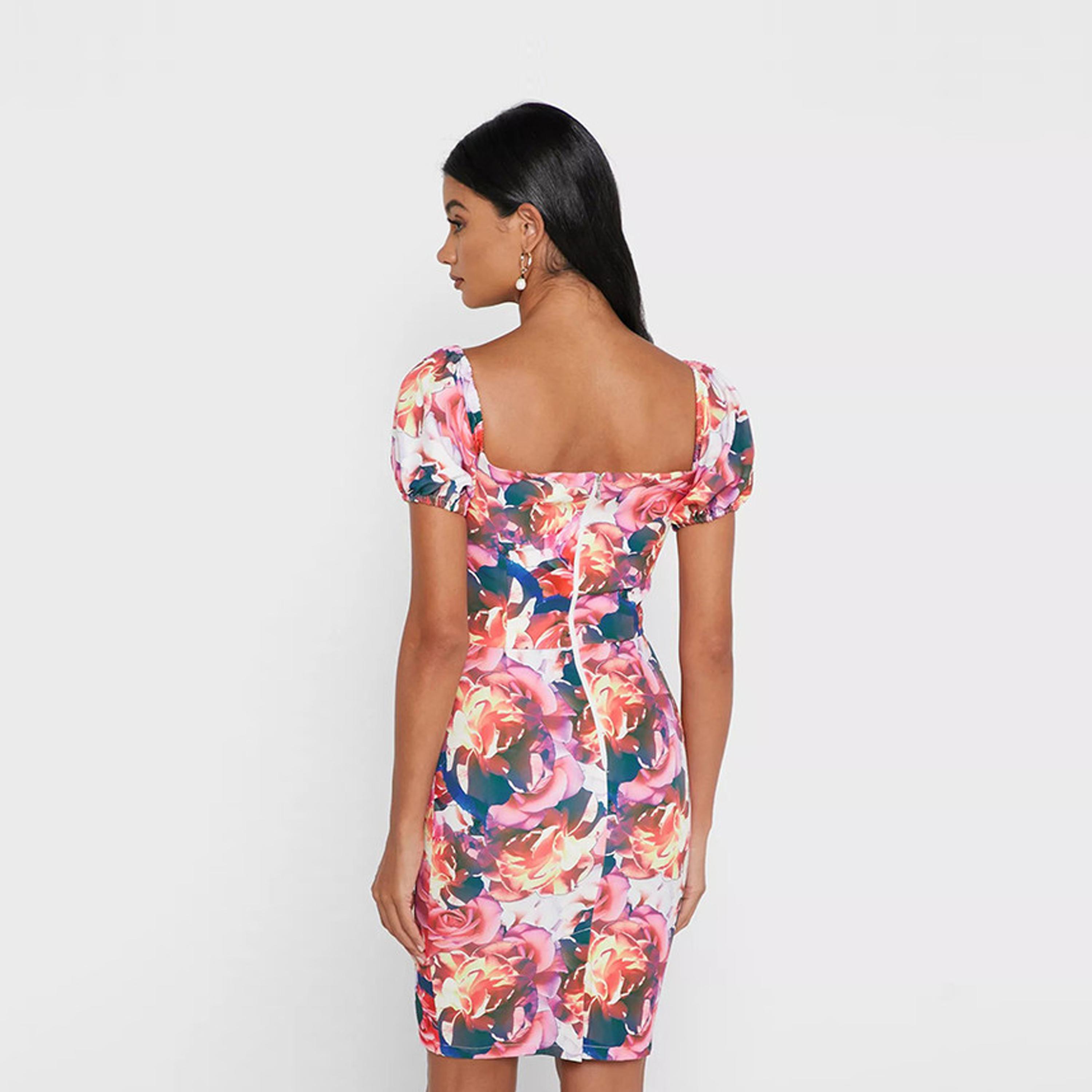 Little Mistress Floral Square Neck Bodycon Mini Dress with Short Sleeves-women-clothing-dresses-image-4