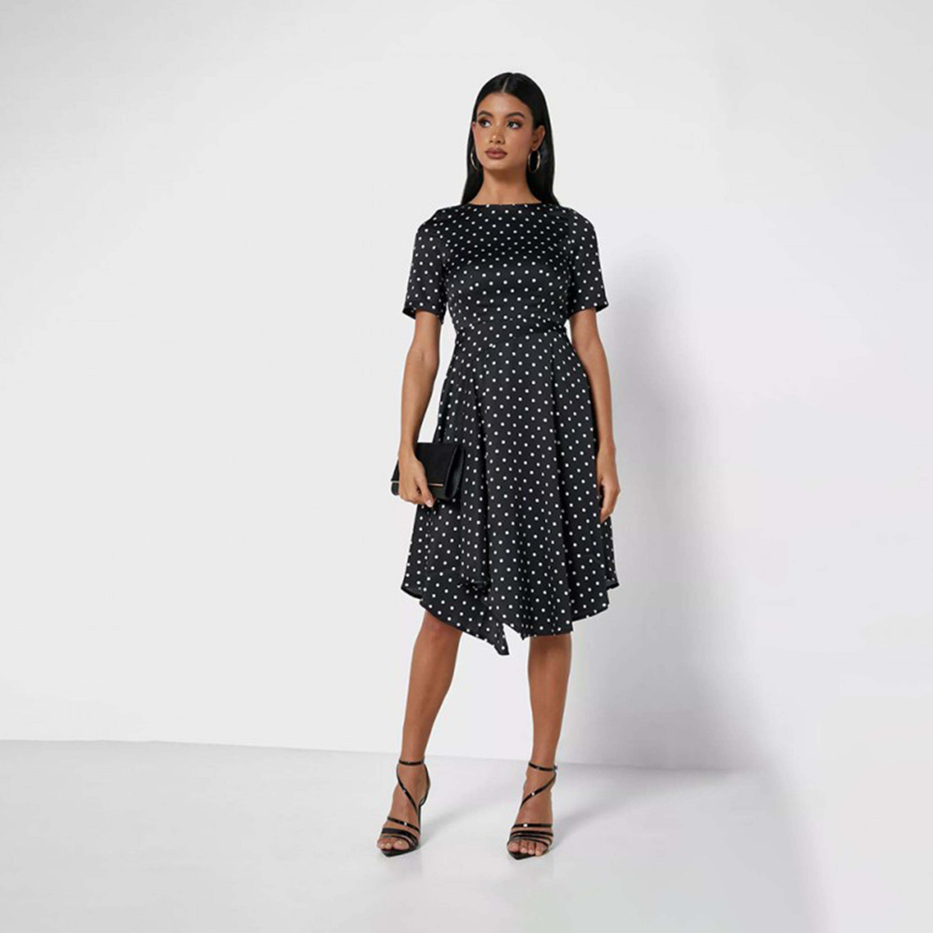 فستان بطول الركبة ذو بولكا دوت بلون أسود من ليتل ميستريس -women-clothing-dresses-image-2