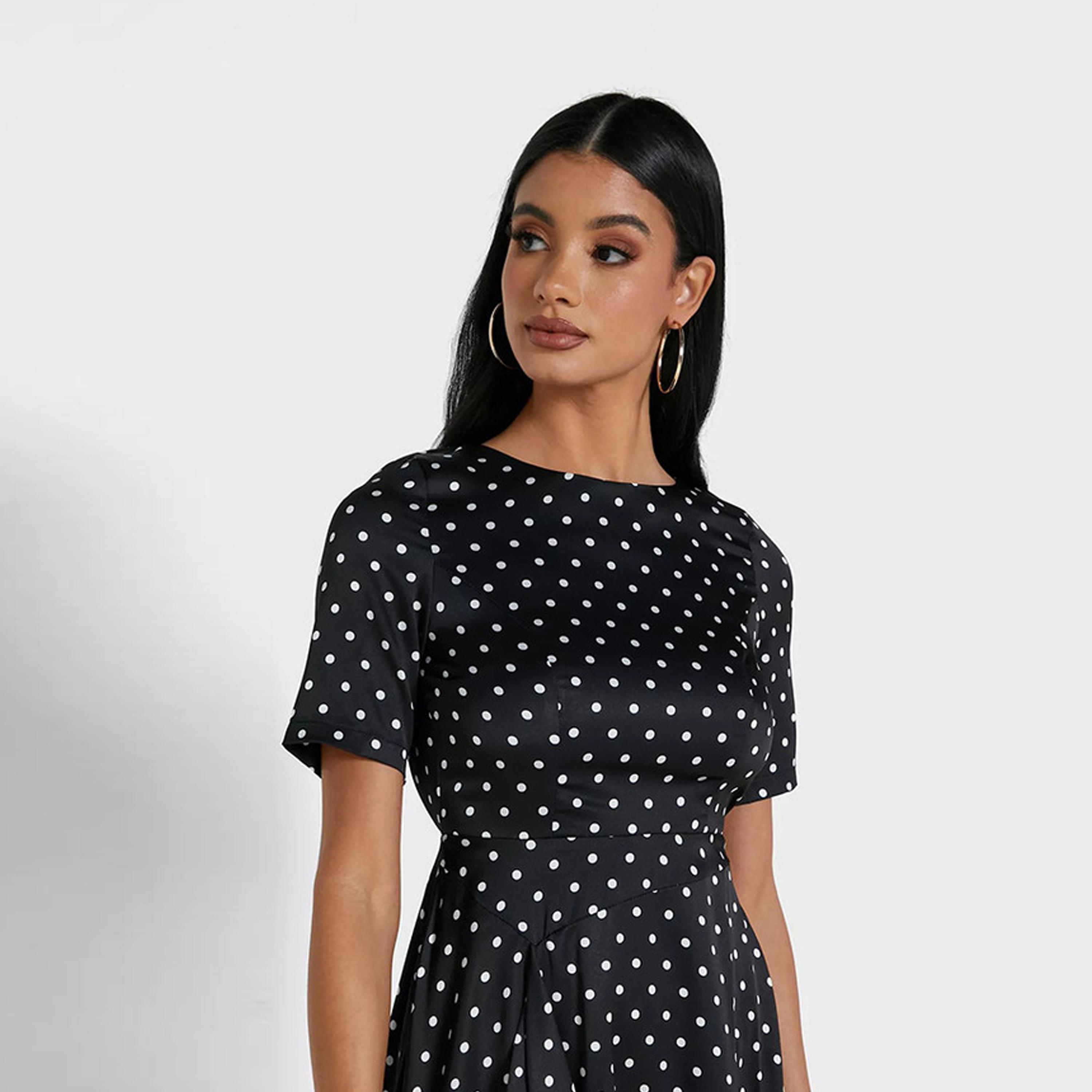 فستان بطول الركبة ذو بولكا دوت بلون أسود من ليتل ميستريس -women-clothing-dresses-image-3