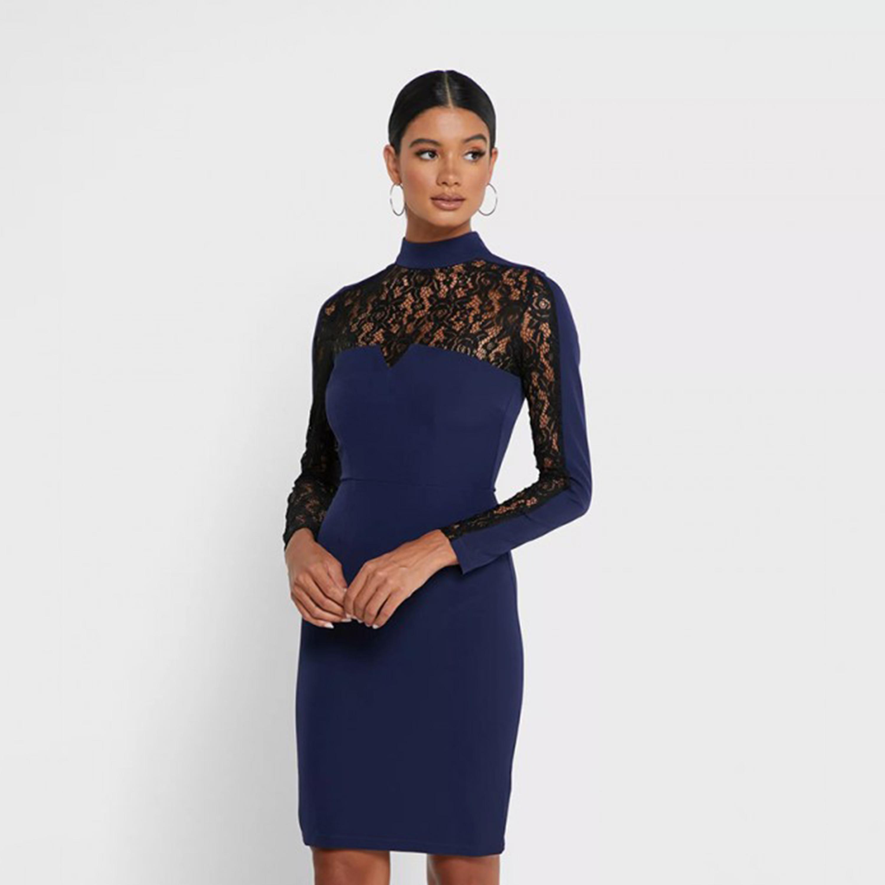 Buy Women s Little Mistress Navy Blue Lace High Neck Bodycon Mini Dress Online Centrepoint KSA