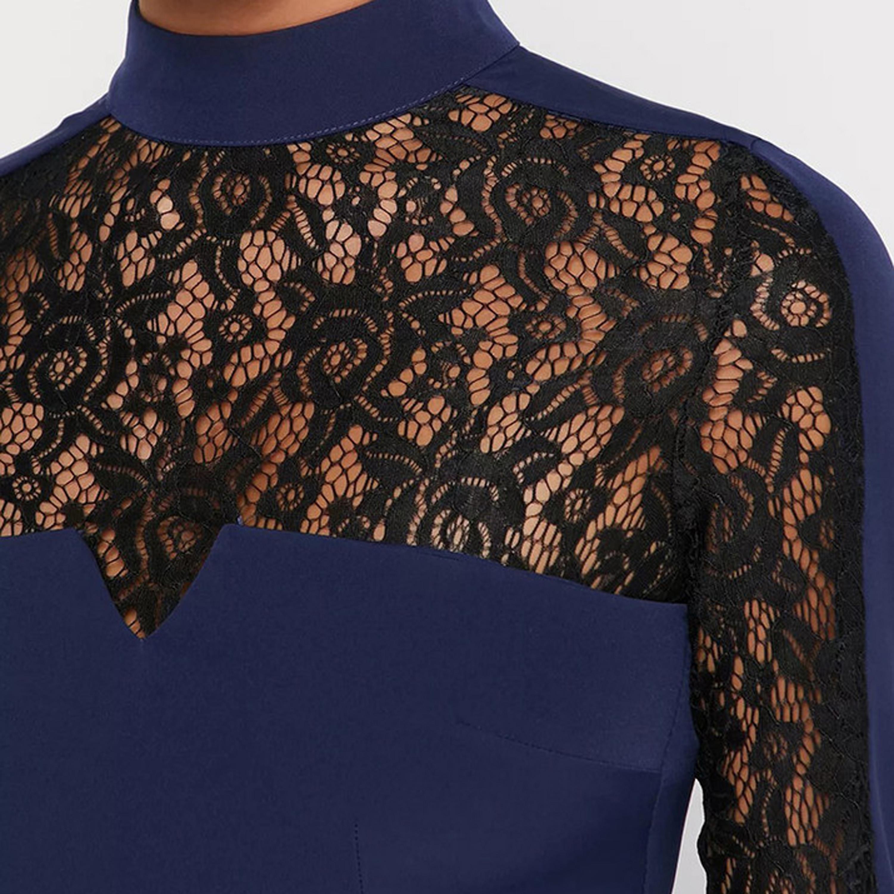 Little Mistress Navy Blue Lace High Neck Bodycon Mini Dress-women-clothing-dresses-image-2
