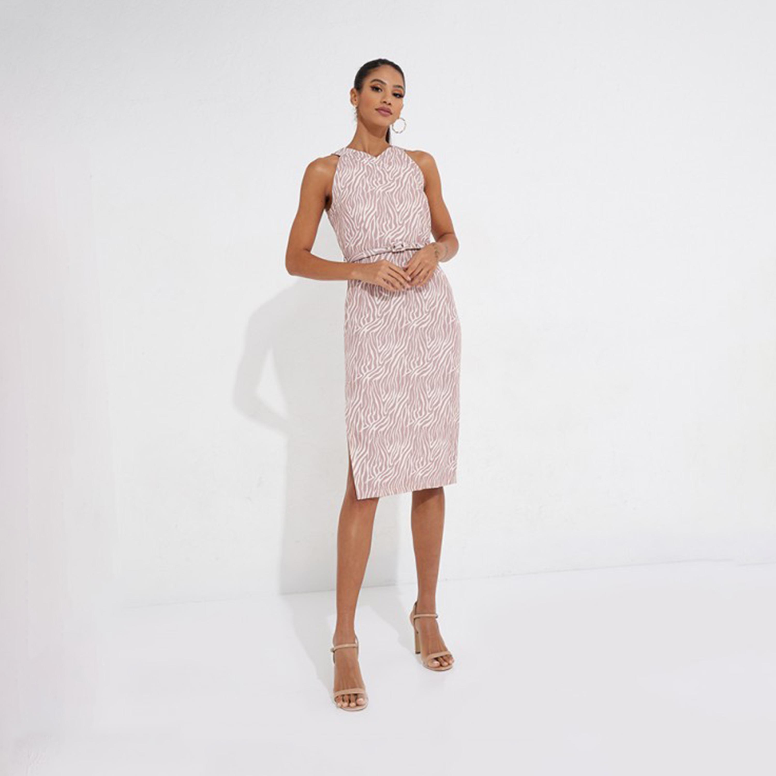 ليتل مسترس- فستان بطول للركبة وحزام تصميم منقوش يربط حول الرقبة-women-clothing-dresses-image-1